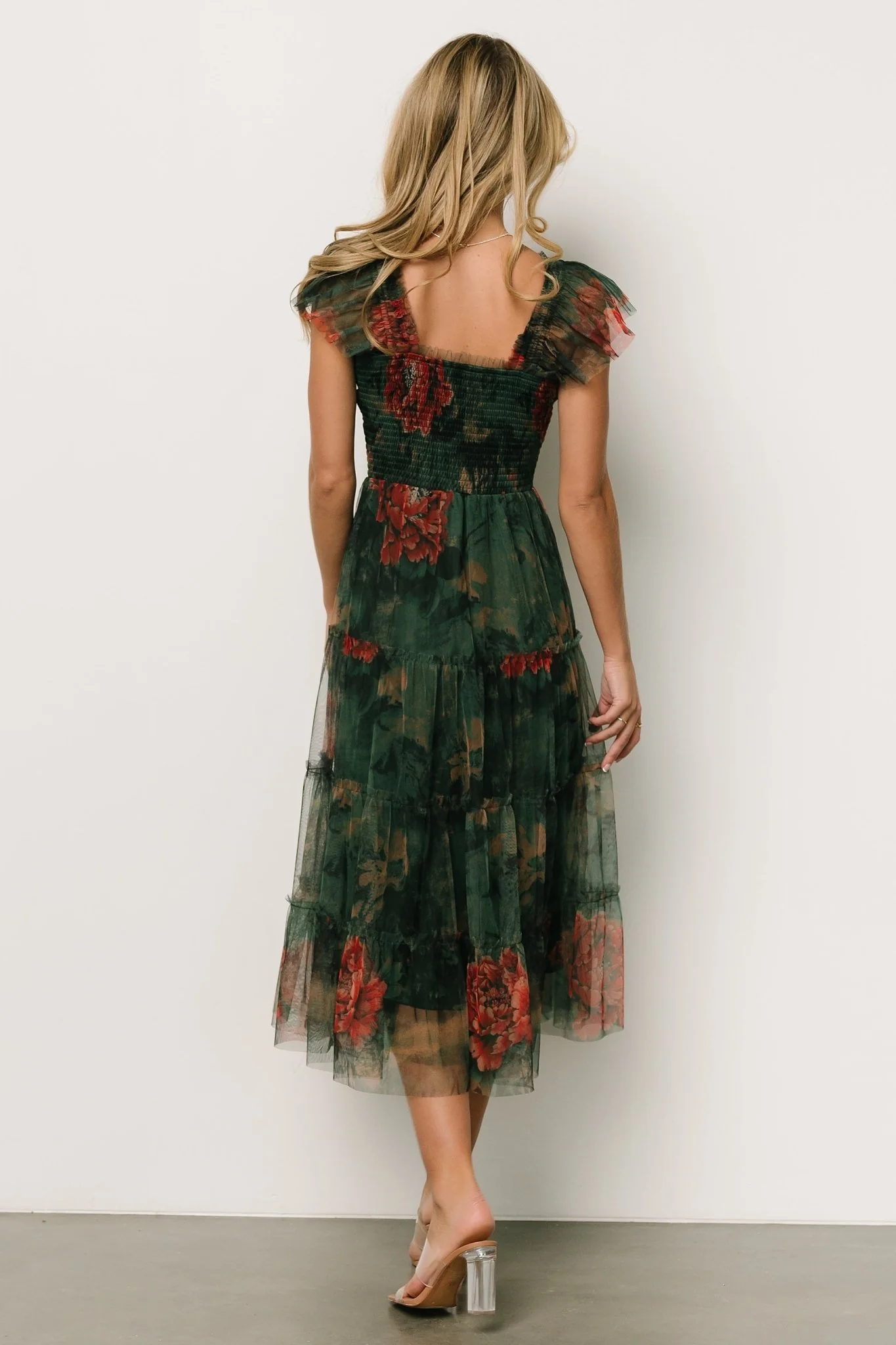 Clementine Tulle Midi Dress | Dark Green Floral