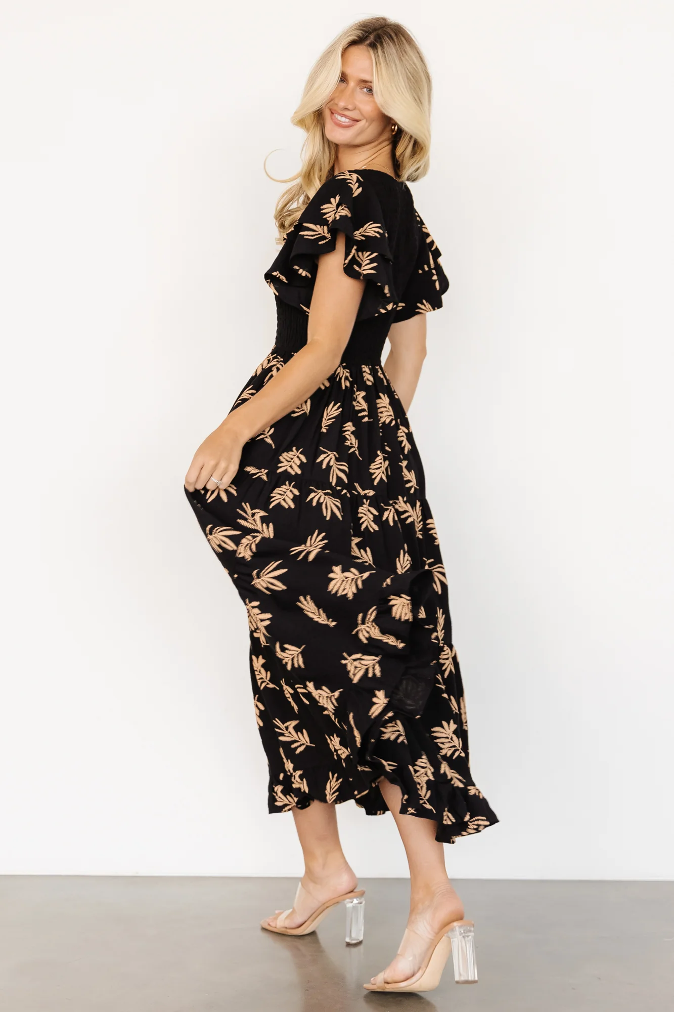 Estelle Smocked Midi Dress | Black + Tan Print