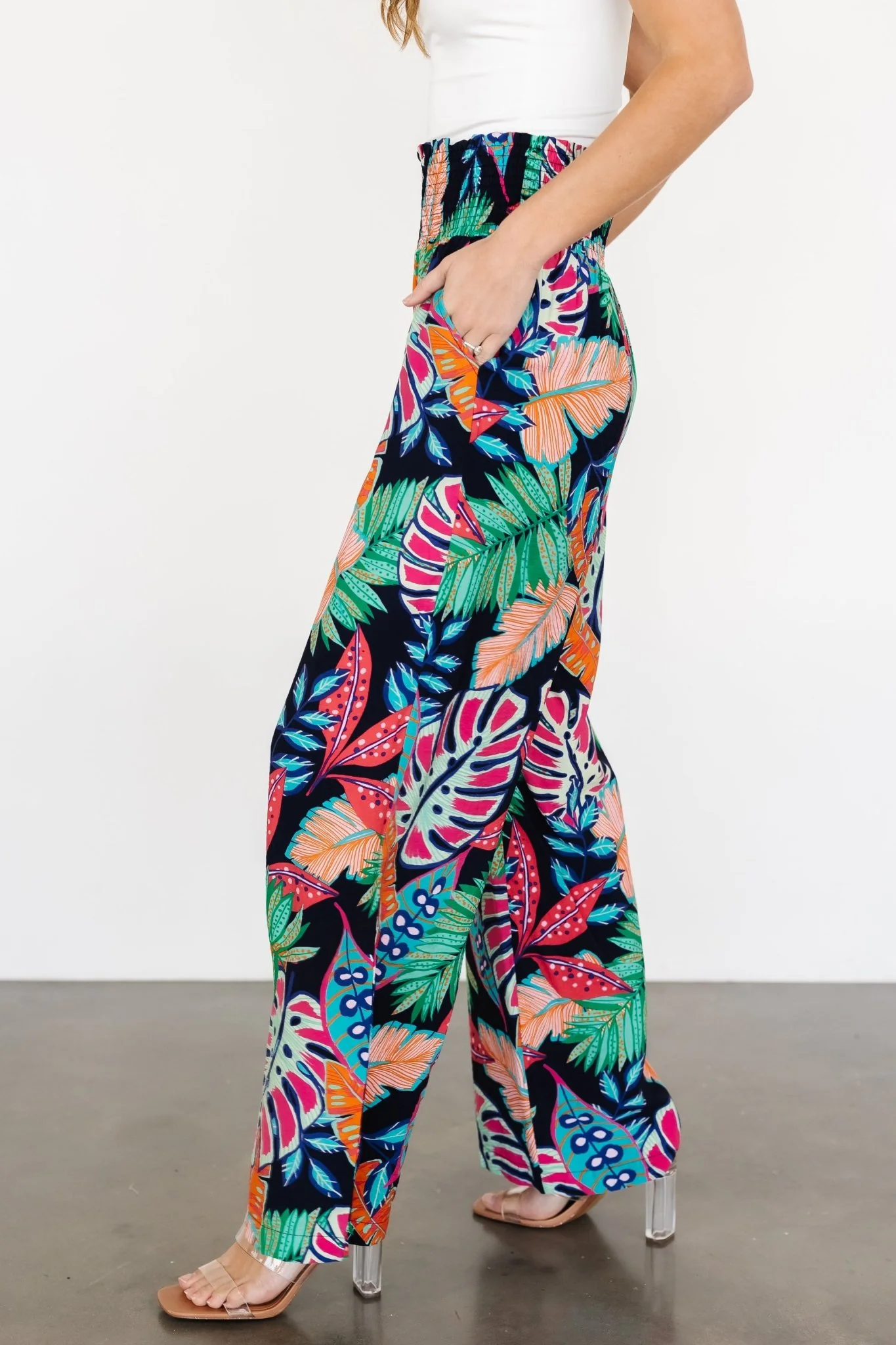 Caribbean Smocked Waist Pants | Navy Print