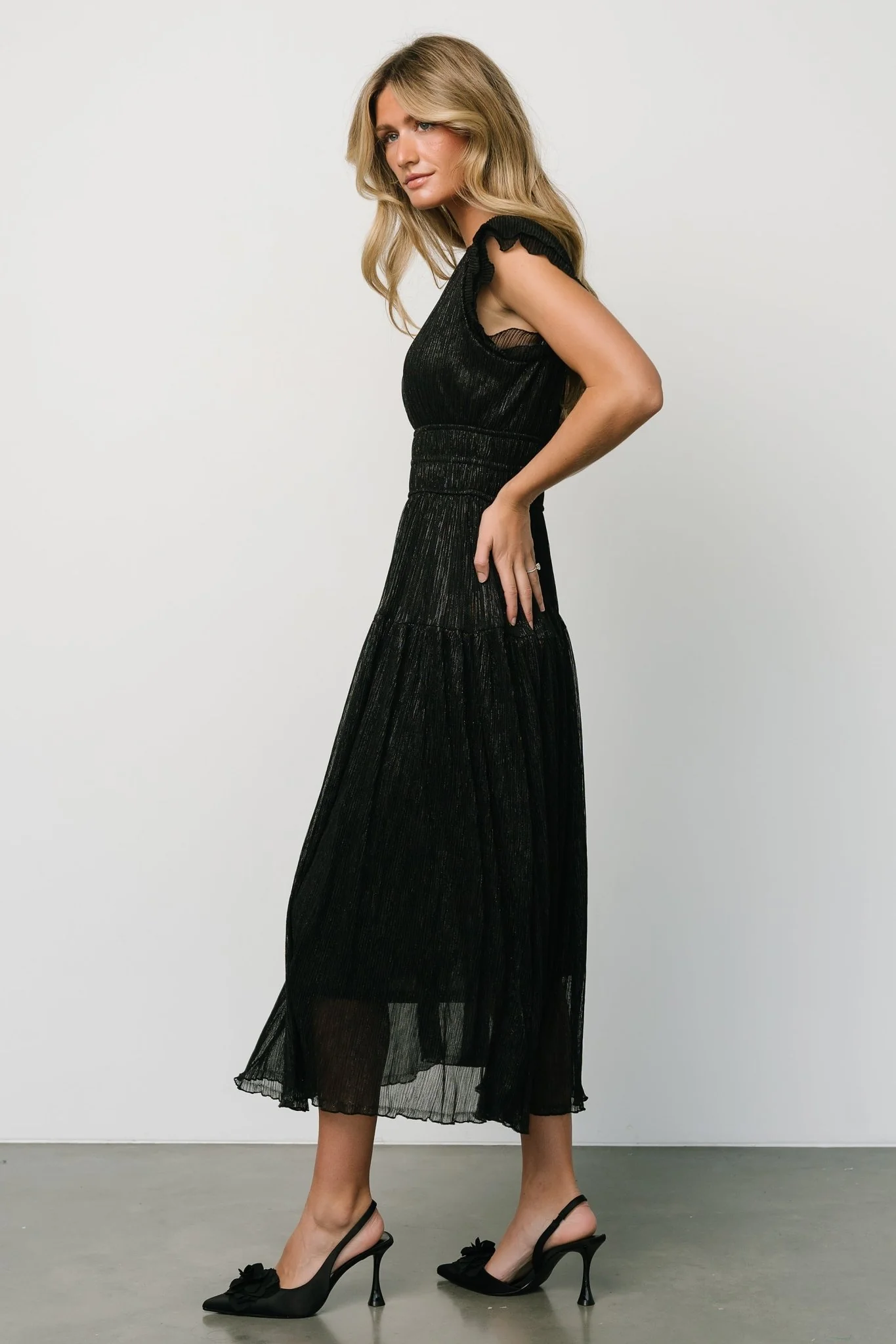 Miley Pleated Shimmer Dress | Black