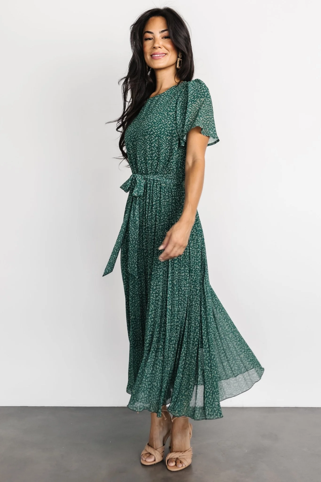 Prim Pleated Dress | Green Print