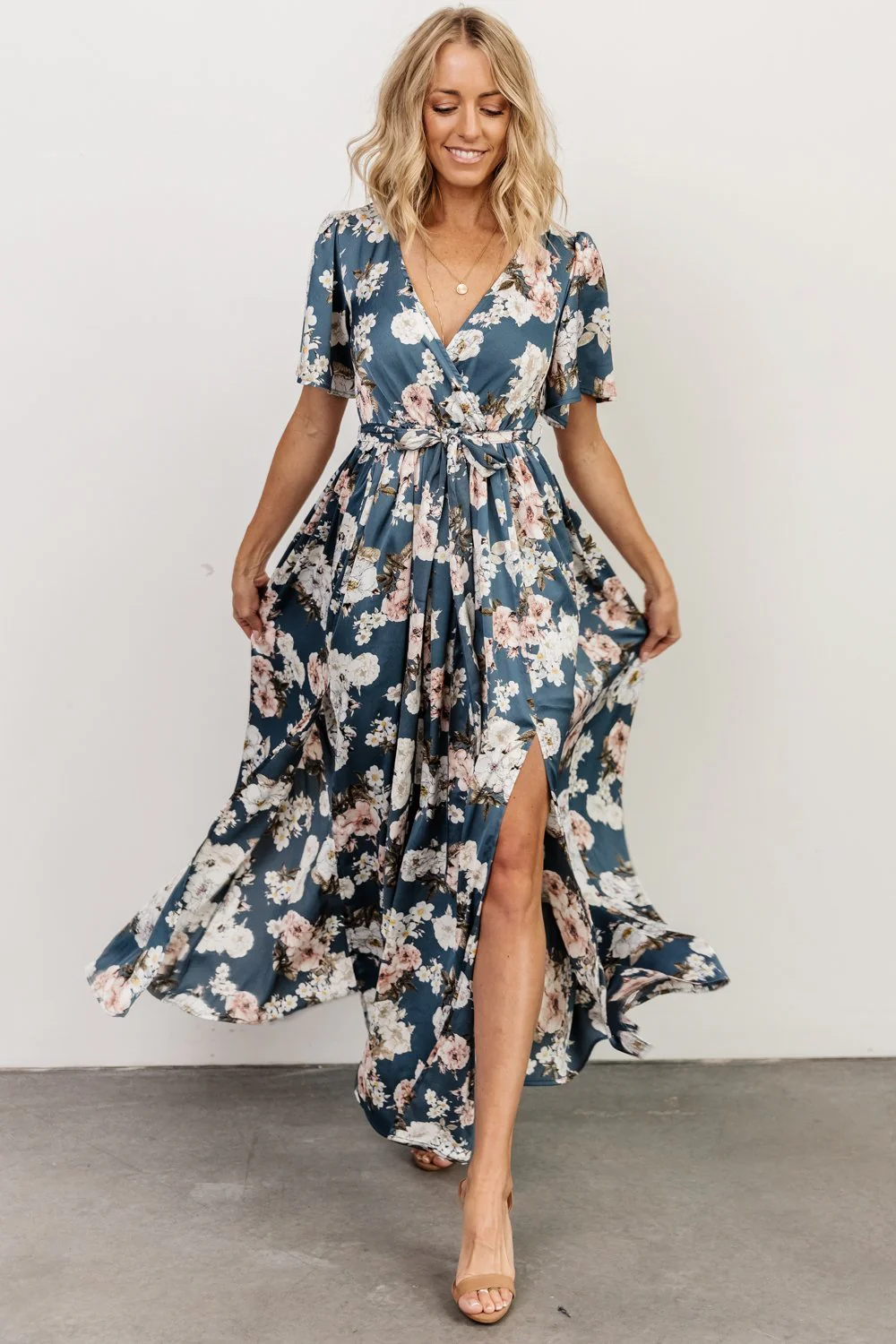 Sicily Satin Maxi Dress | Blue Floral