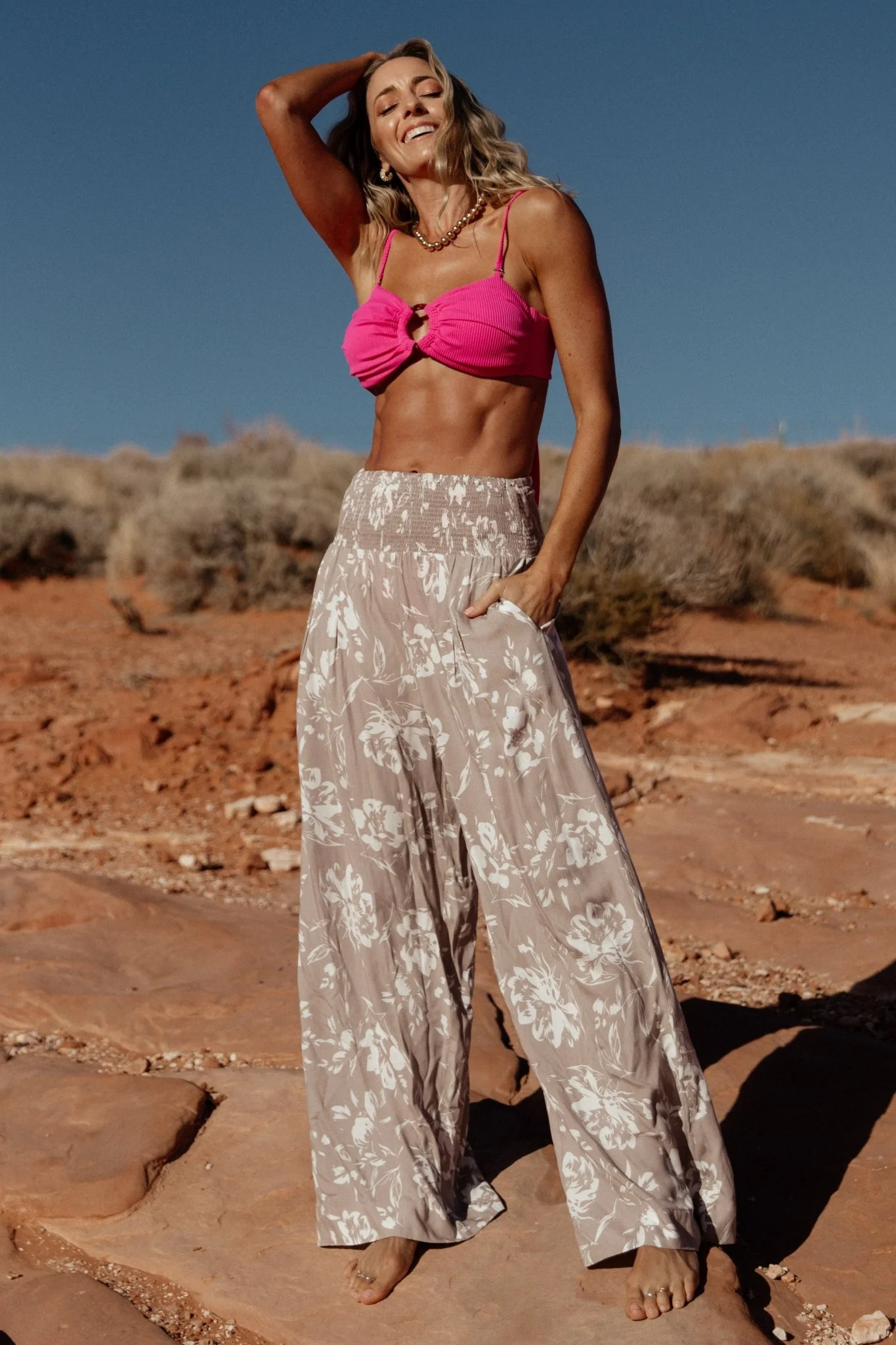 Malta Smocked Waist Pants | Sand + White