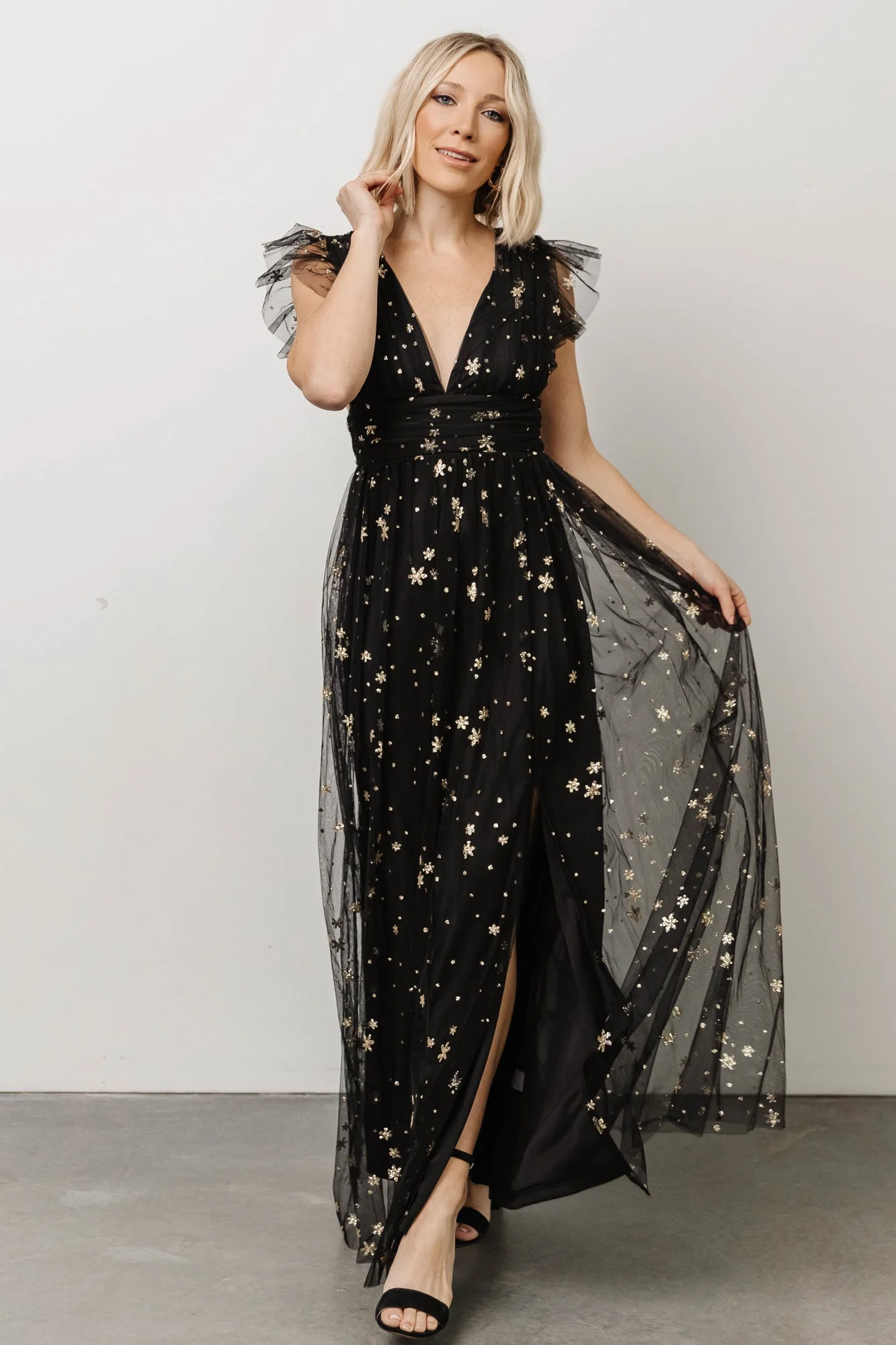 Nova Shimmer Maxi Dress | Black + Gold