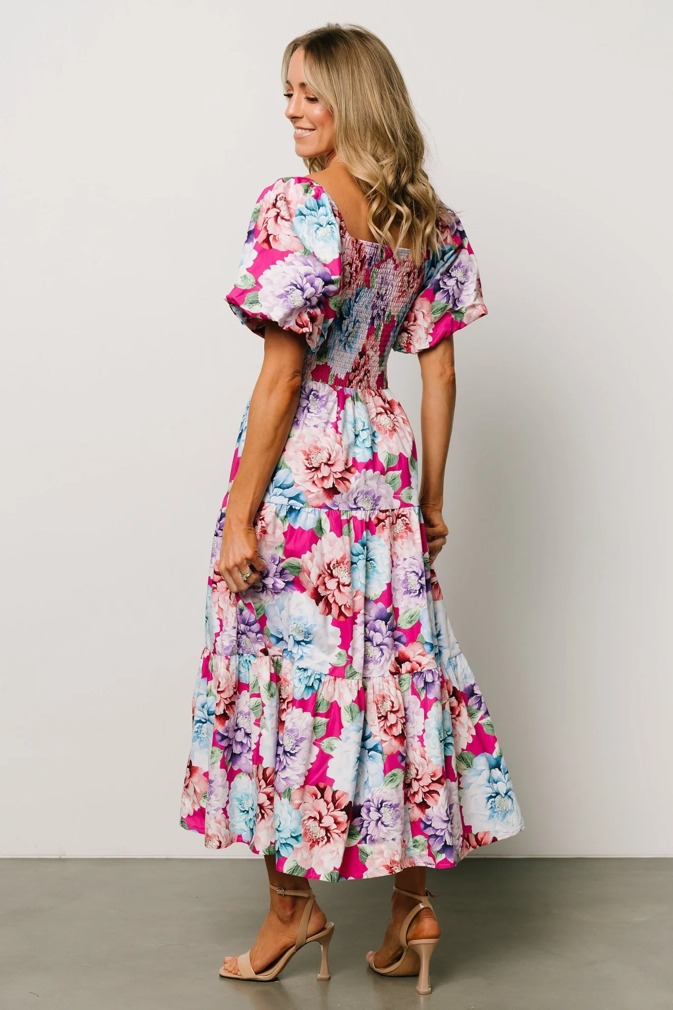 Iva Puff Sleeve Midi Dress | Fuchsia Multi Floral