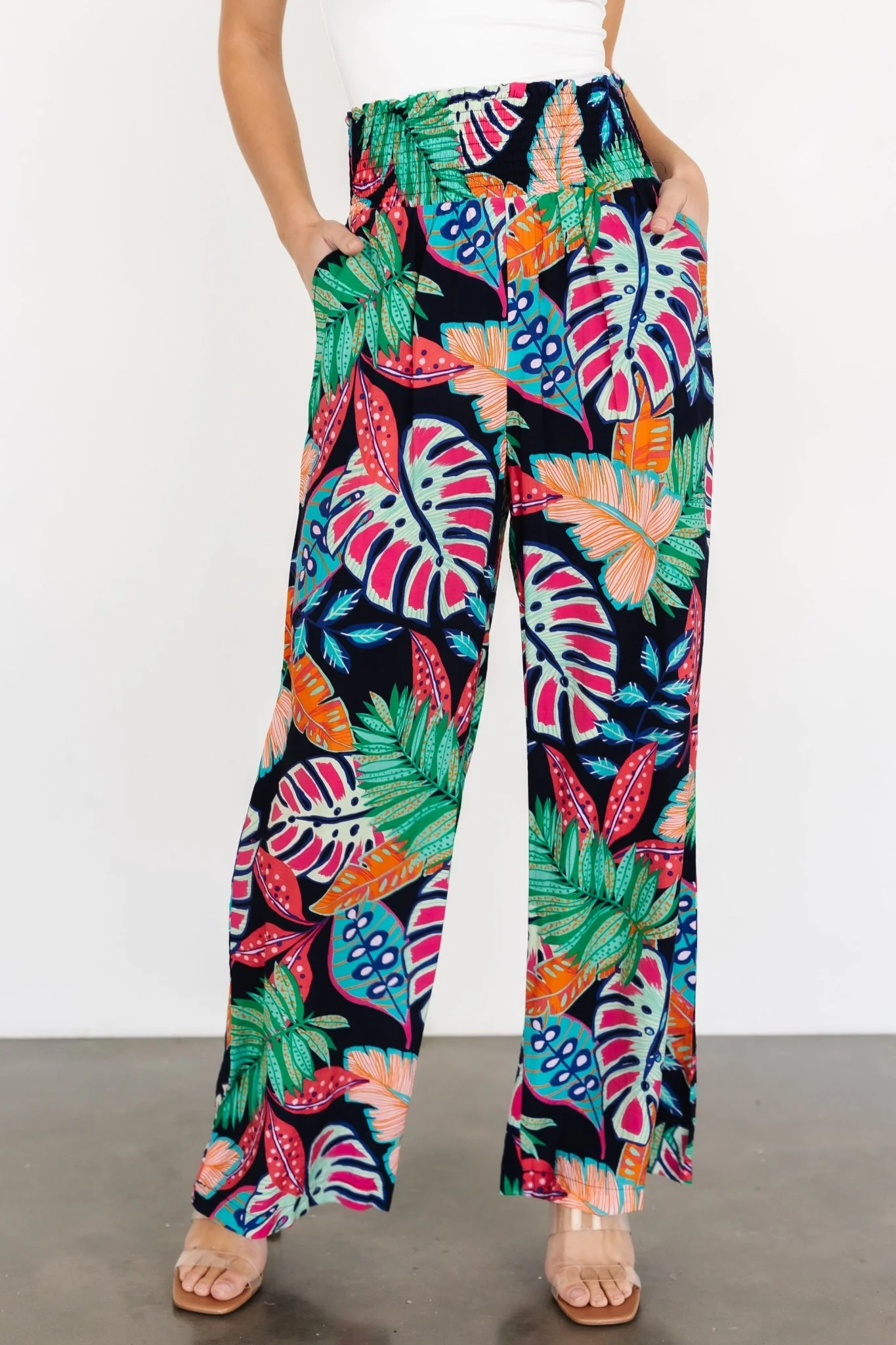 Caribbean Smocked Waist Pants | Navy Print