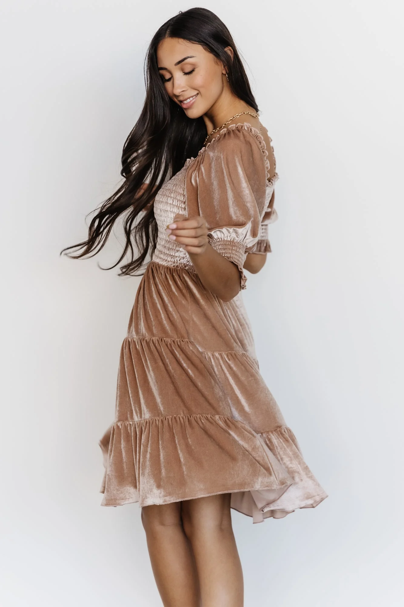 Bliss Smocked Velvet Short Dress | Natural