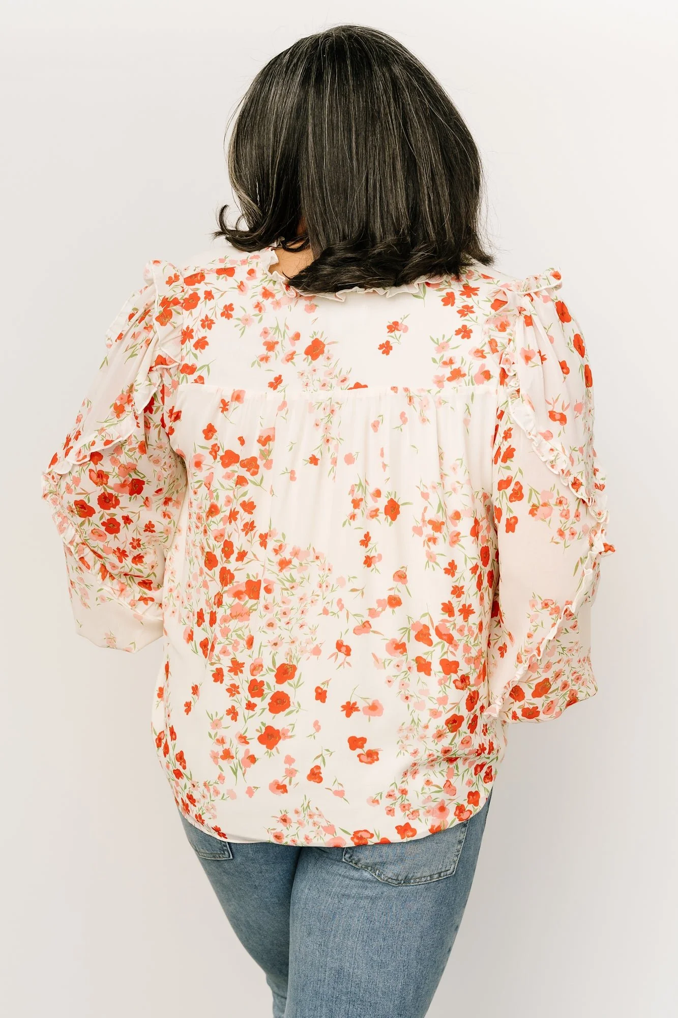 Karlie Long Sleeve Ruffle Top | Ivory + Red Multi