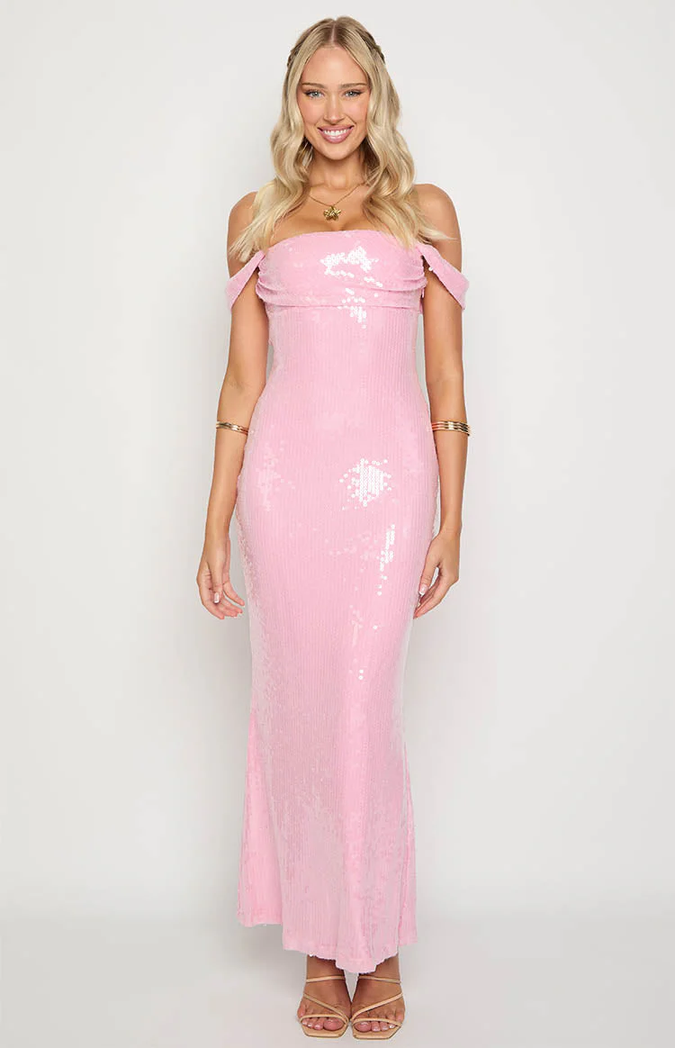 Ella Pink Sequin Off Shoulder Formal Maxi Dress