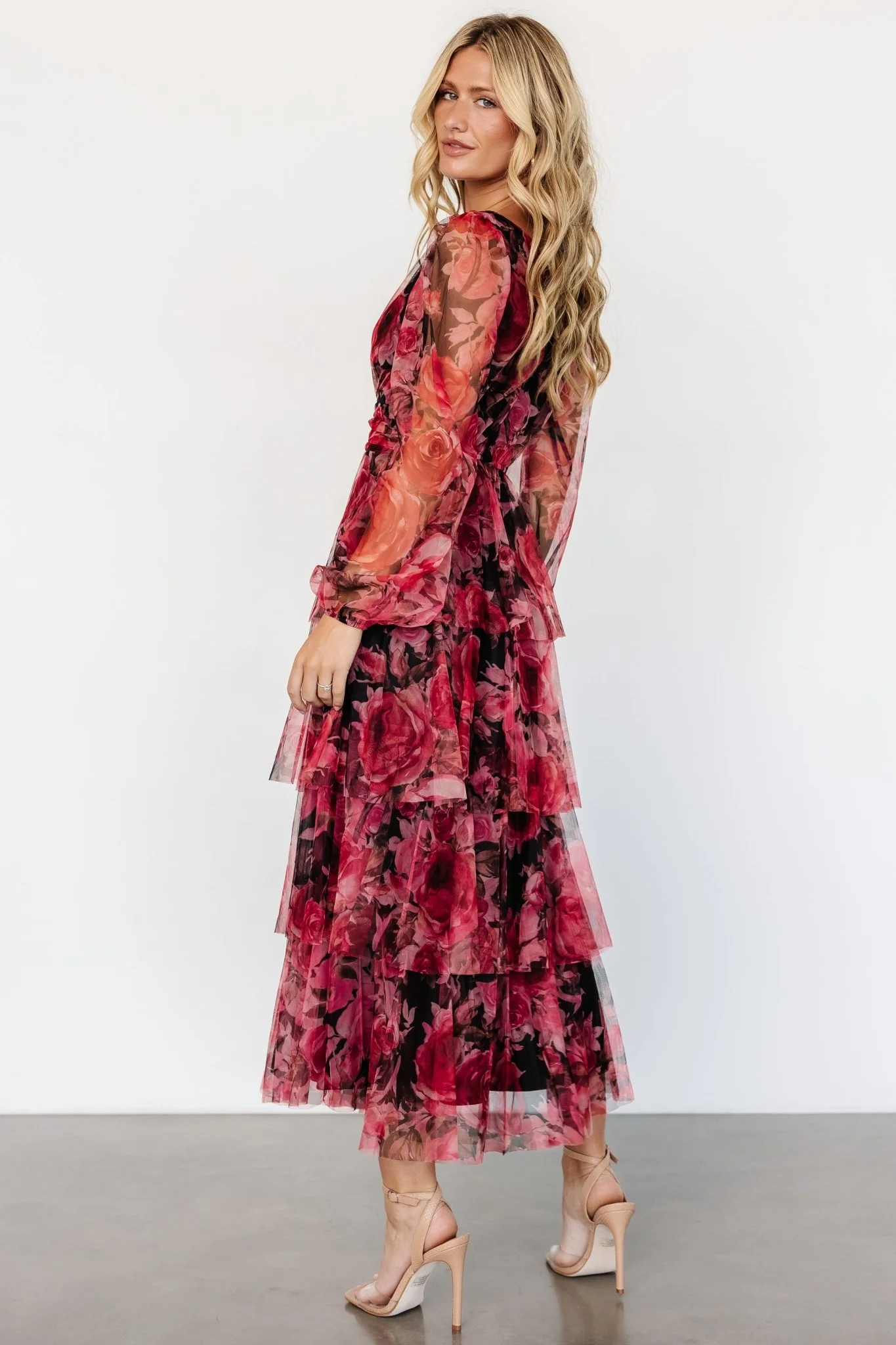 Carolina Tulle Tiered Maxi Dress | Red + Black Floral