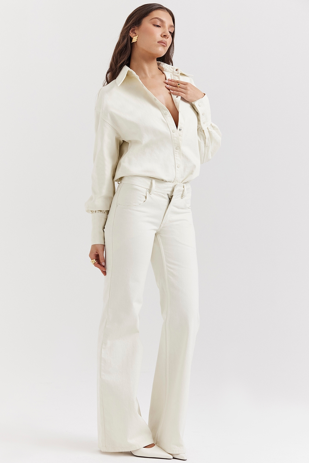 Marli-Ivory Wide Leg Flared Jeans
