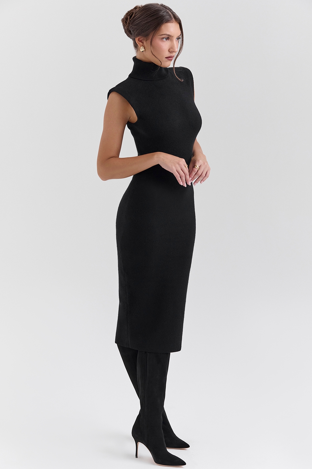 Gaia-Black Cashmere Blend Turtle Neck Midi Dress