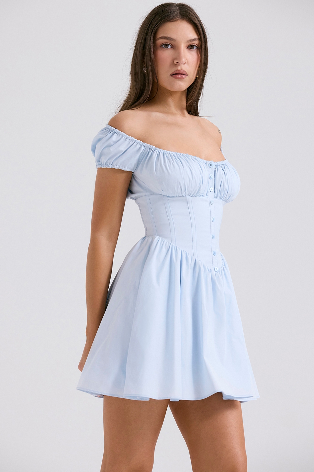 Nala-Soft Blue Cotton Gathered Mini Dress