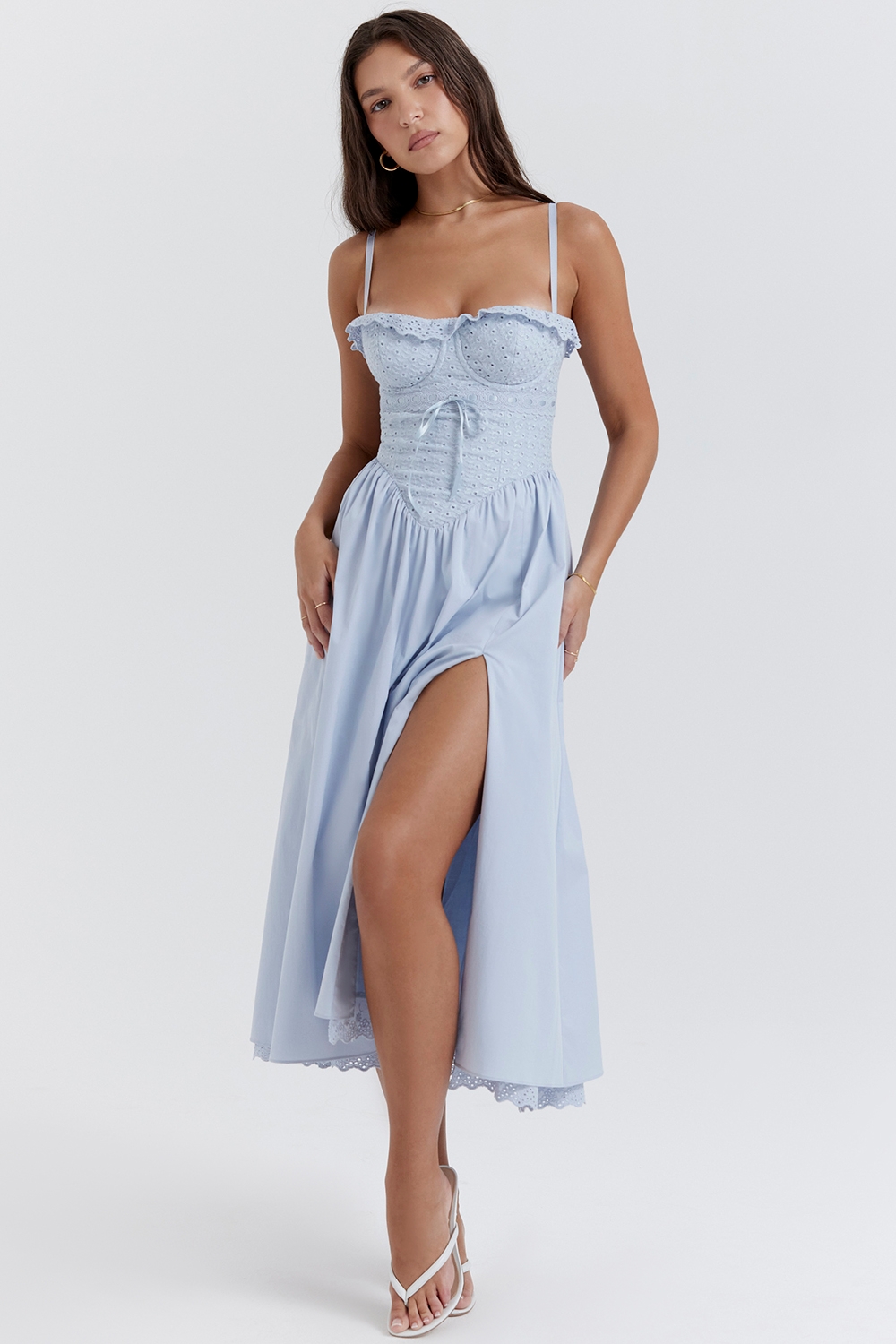 Jaime-Soft Blue Cotton Broderie Anglais Midi SunDress
