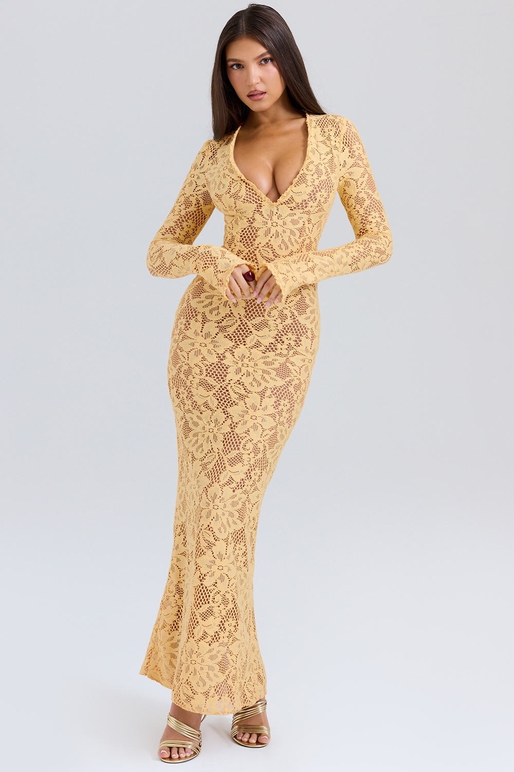 Indiana-Apricot Plunge Lace Maxi Dress