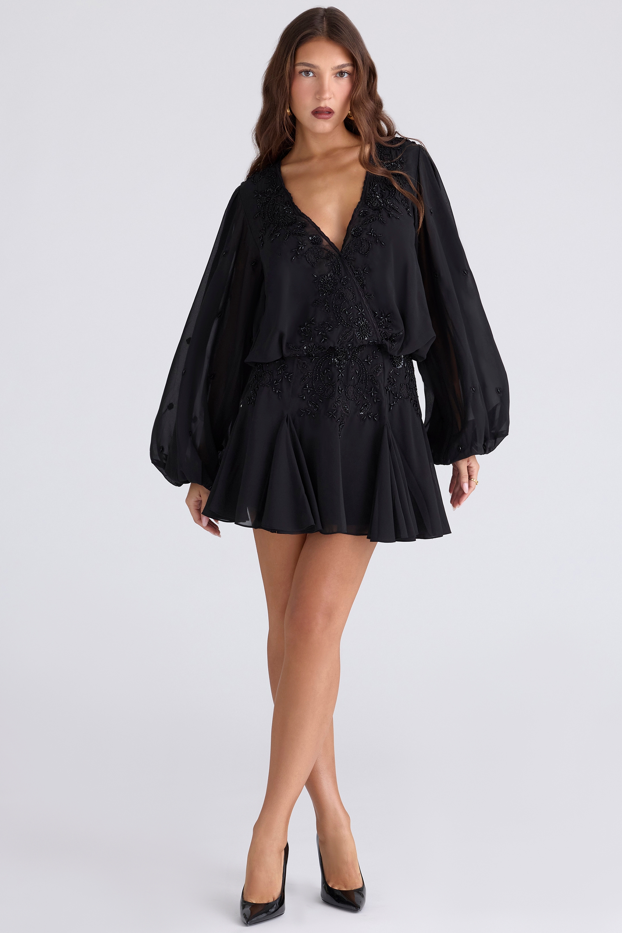 Gianna-Black Hand Beaded Georgette Mini Dress - Limited Edition