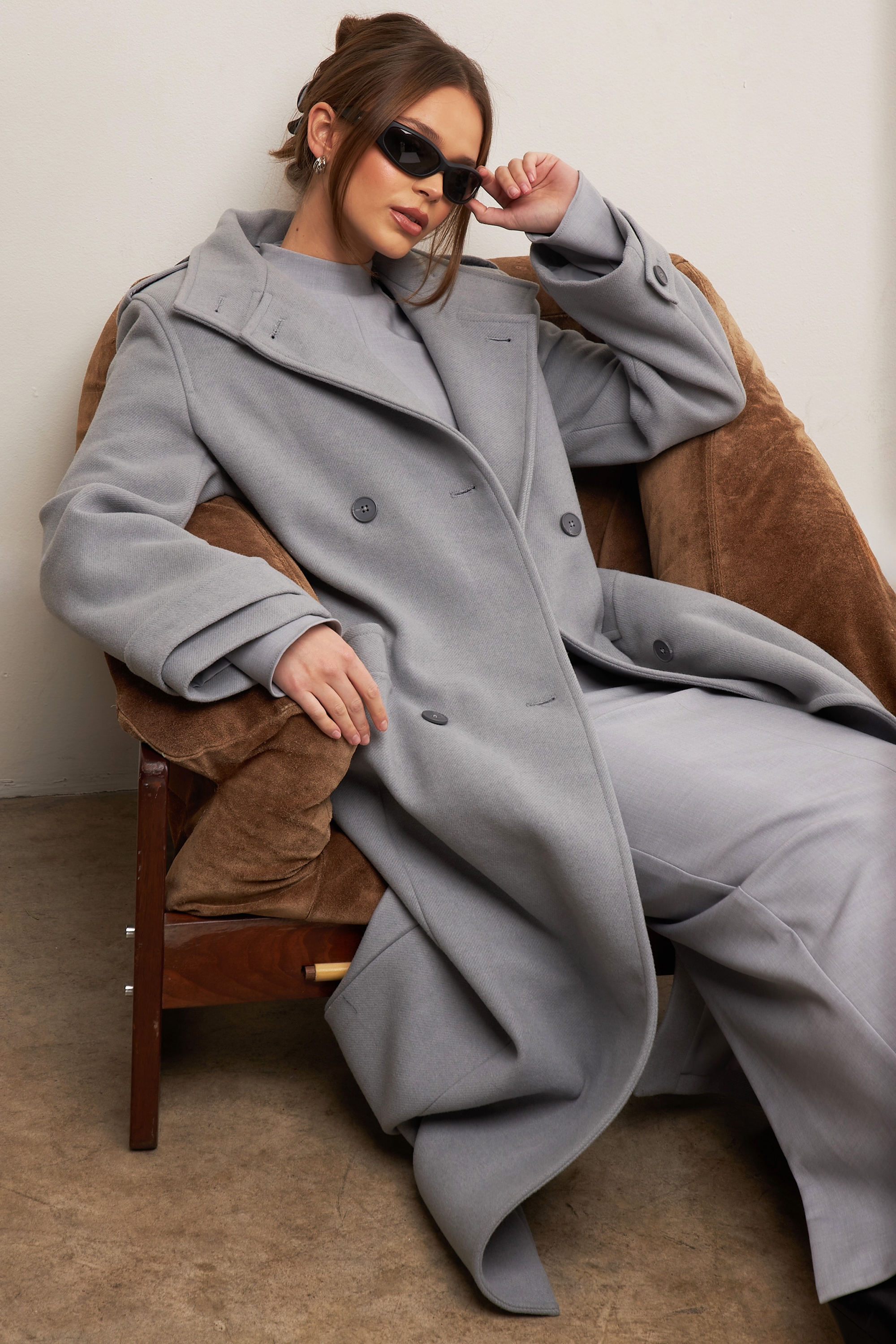 Sander-Grey Double Breasted Funnel Neck Coat