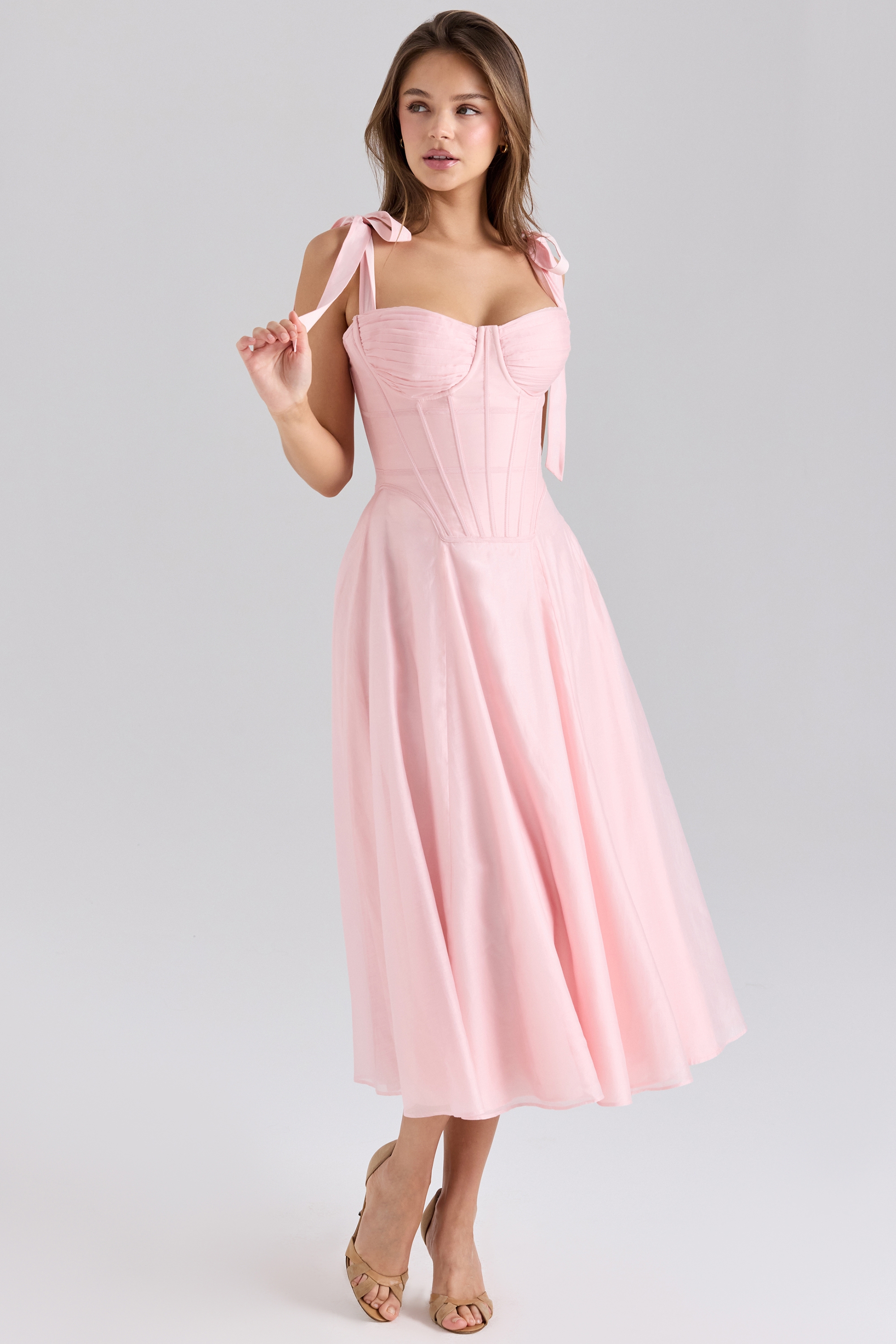 Leia-Pink Chiffon Tie Strap Midi Dress