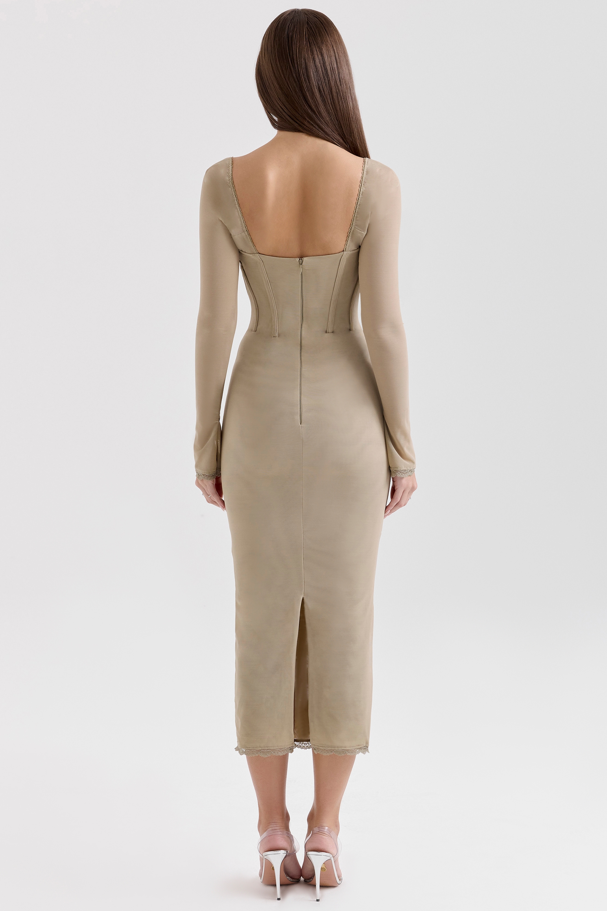 Saisha-Beige Mesh Long Sleeve Bodycon Midi Dress