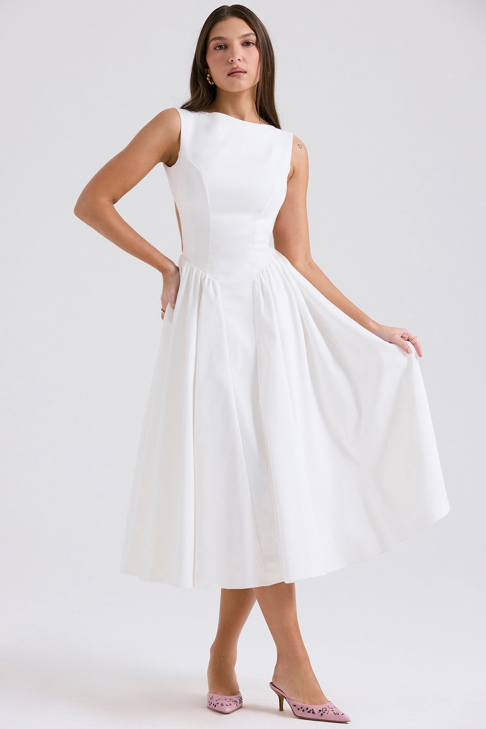 Cindy-White Twill Midi Sundress