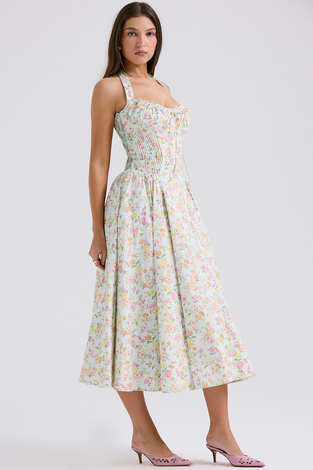 Adabella-Pale Blue Meadow Print Cotton Halter Sundress