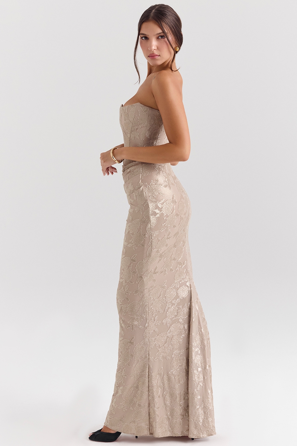 Persephone-Pale Gold Chiffon Mesh Strapless Corset Maxi Dress