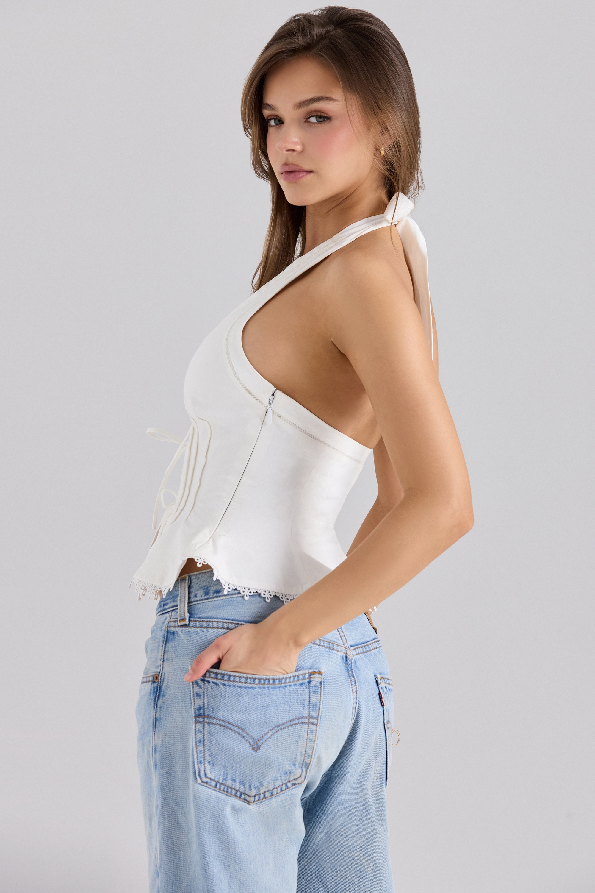 Elana-White Stretch Cotton Halter Neck Corset Top