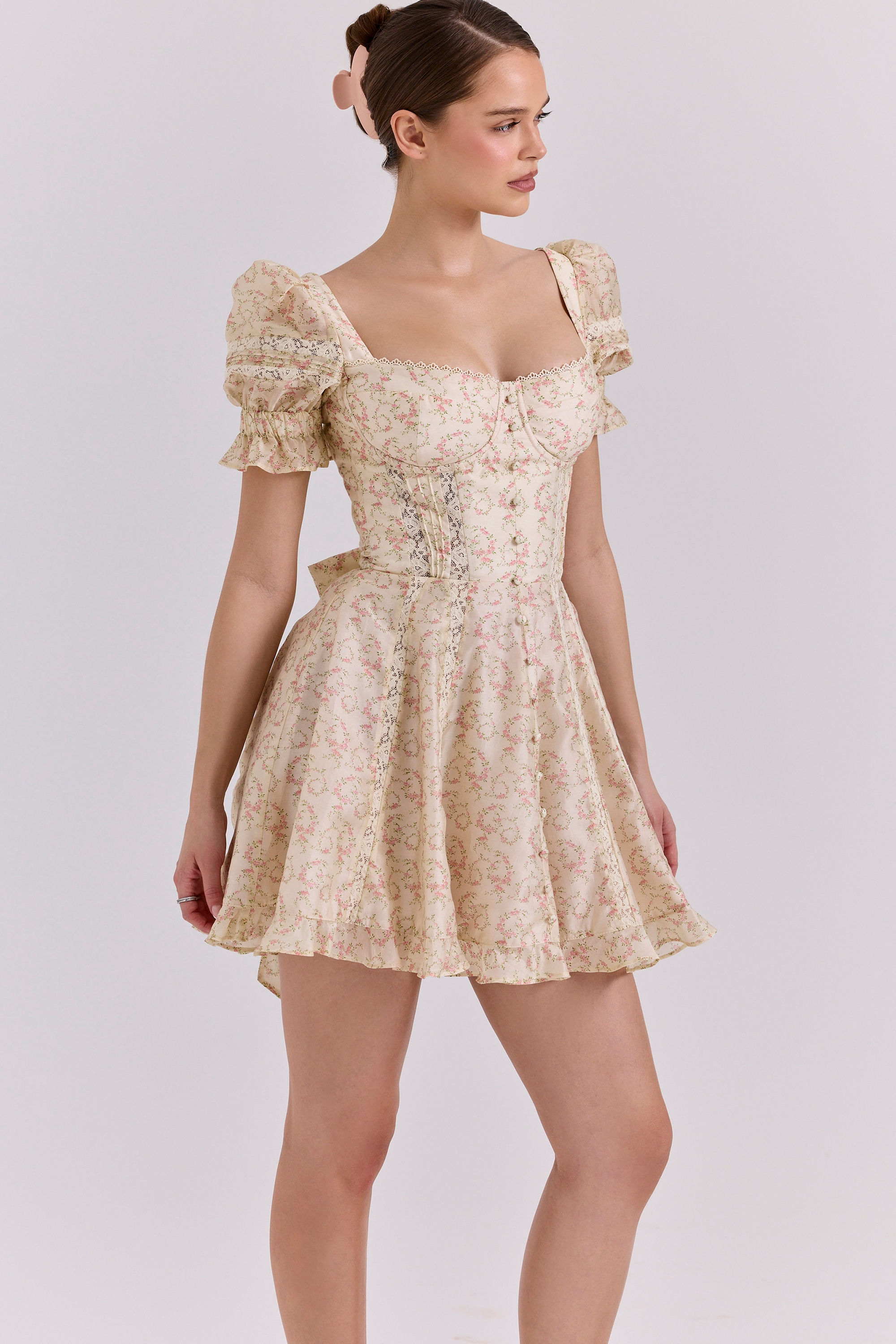 Melita-Cream Floral Print Chiffon Puff Sleeve Mini Dress