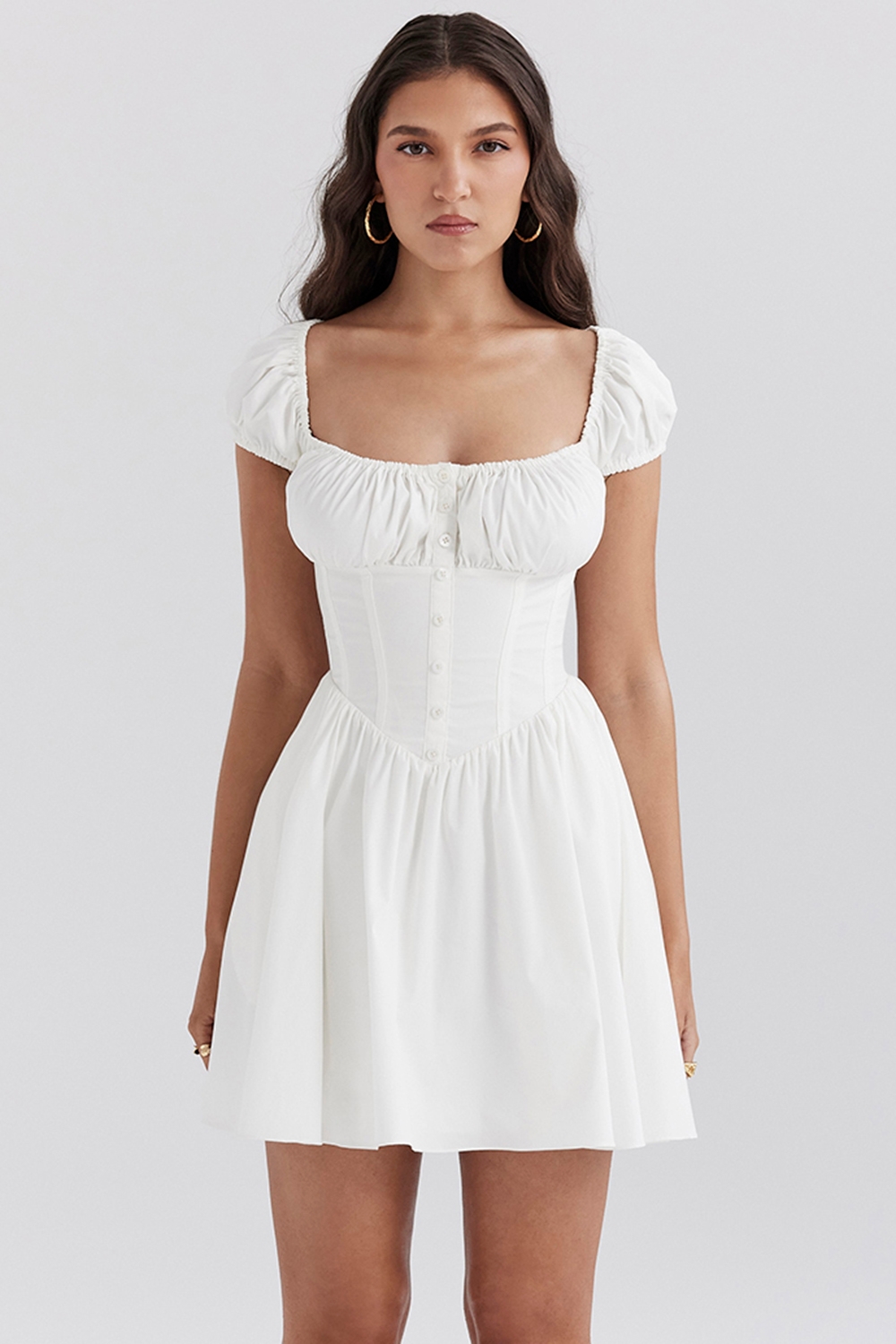 Nala-White Cotton Gathered Mini Dress