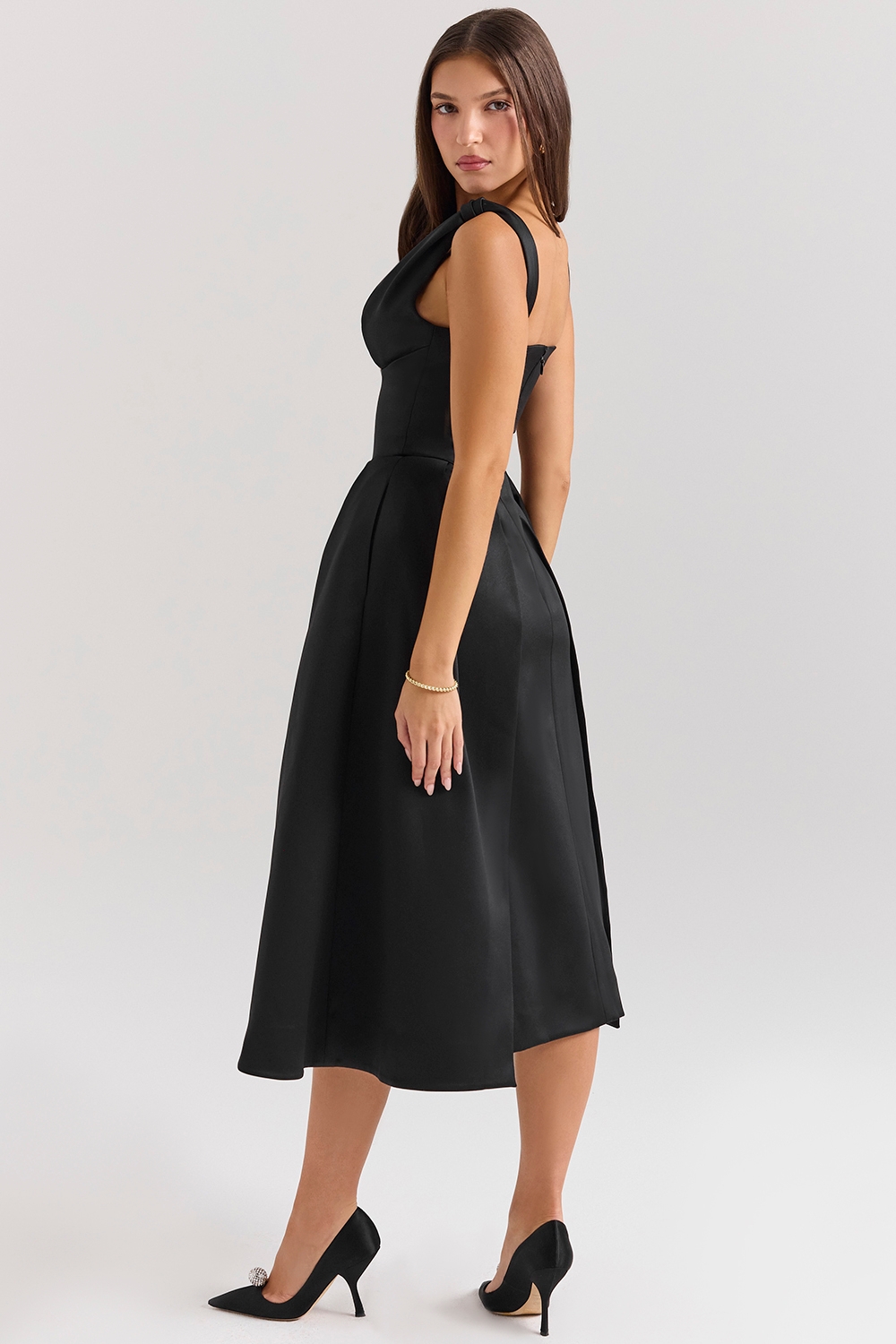 Paloma-Black Satin Twist Strap Midi Dress - SALE