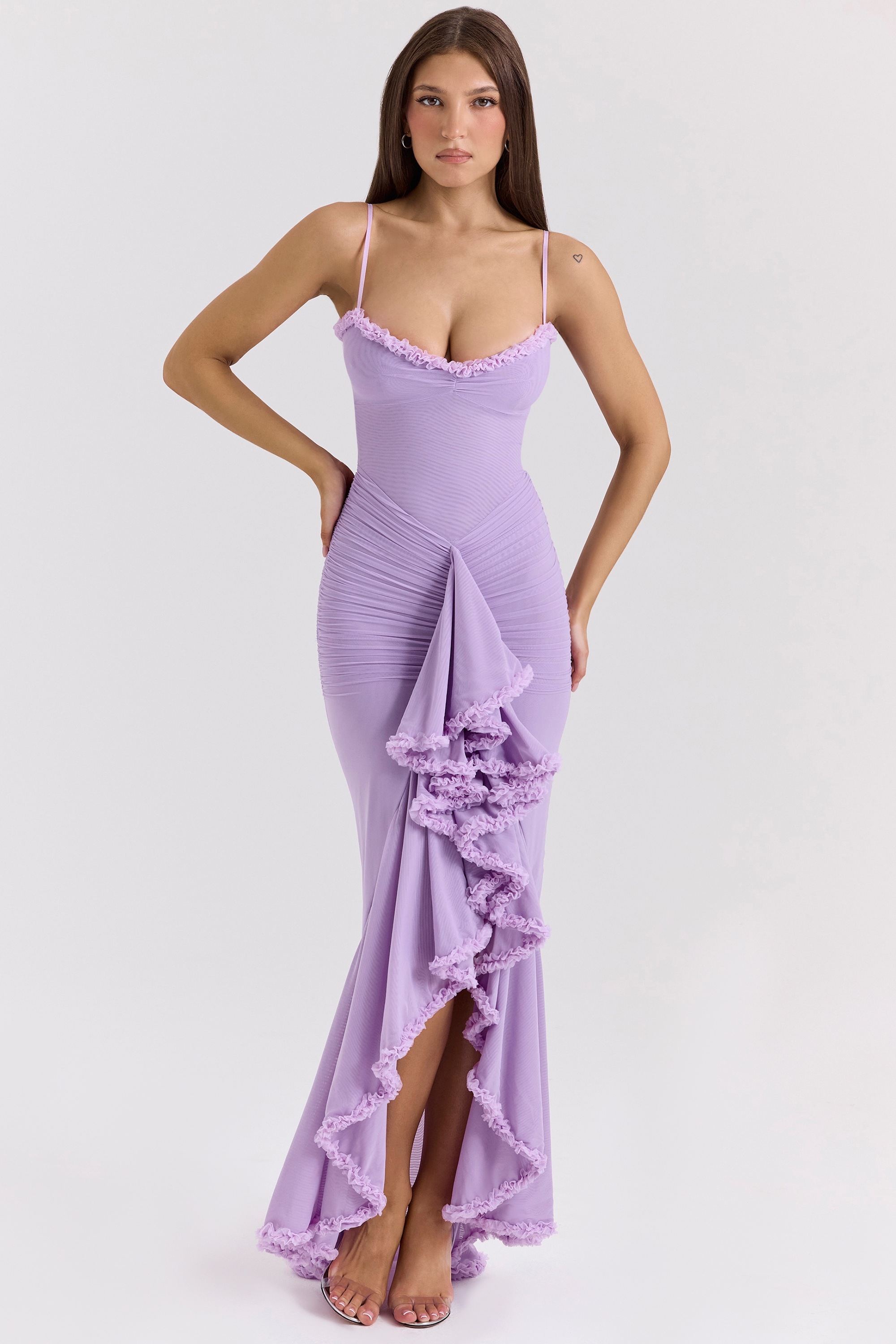 Gabbi-Orchid Mesh Ruffled Front Gown