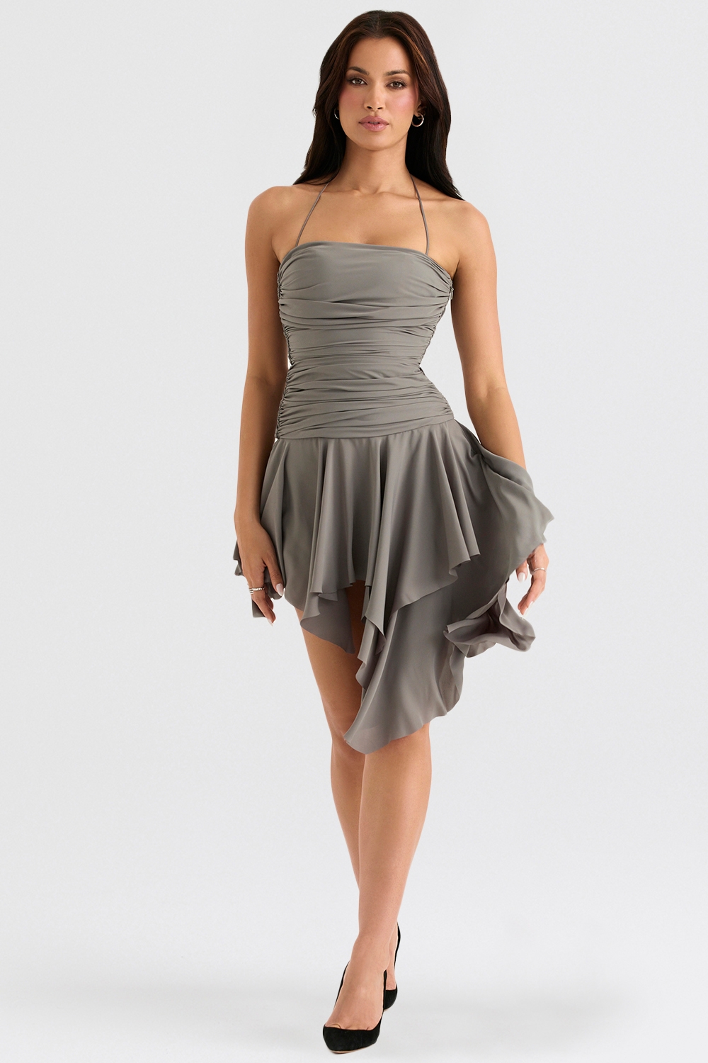 Valeria-Smoke Gathered Asymmetric Dress