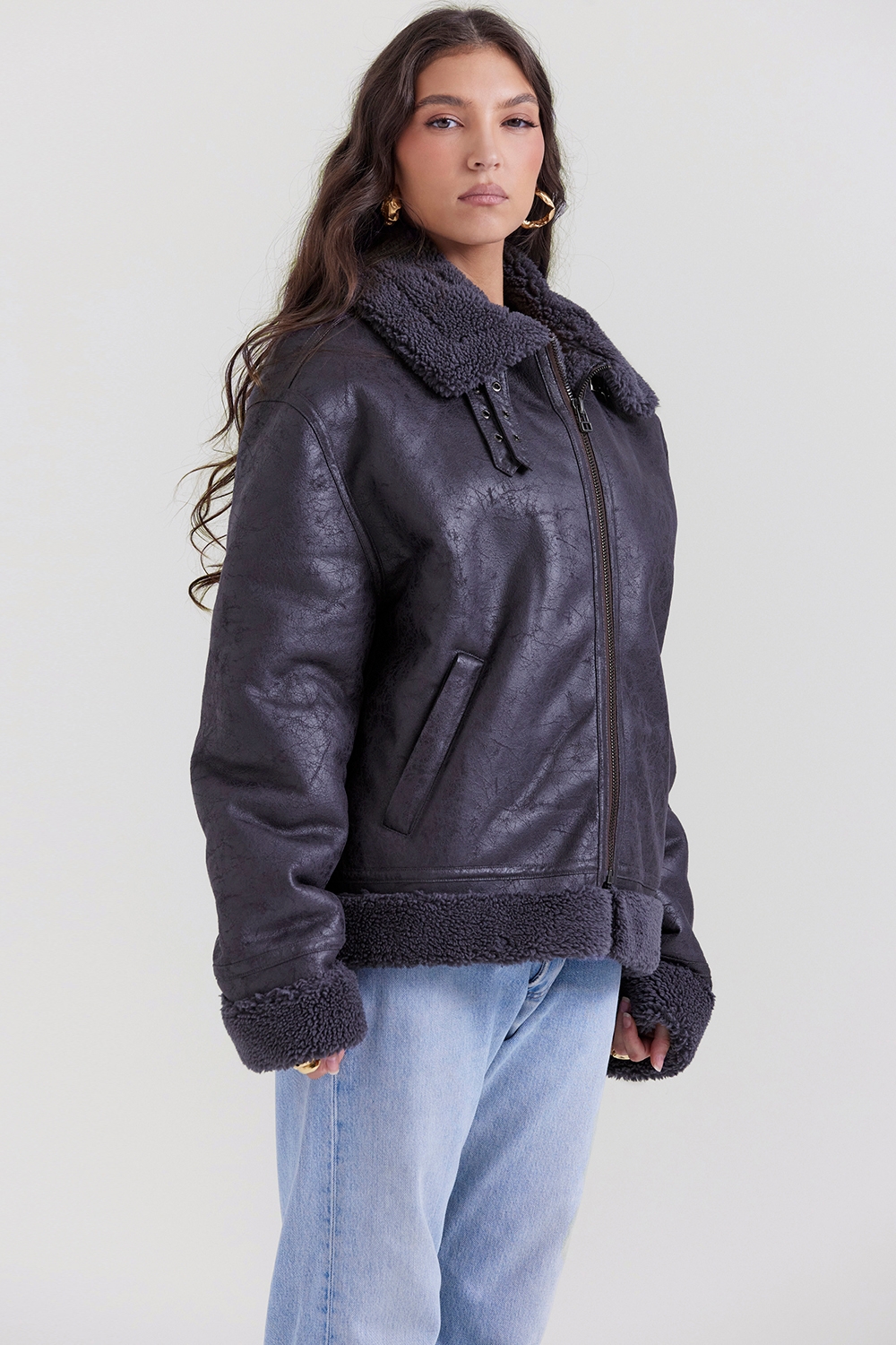 Madden-Grey Vegan Shearling Aviator Jacket