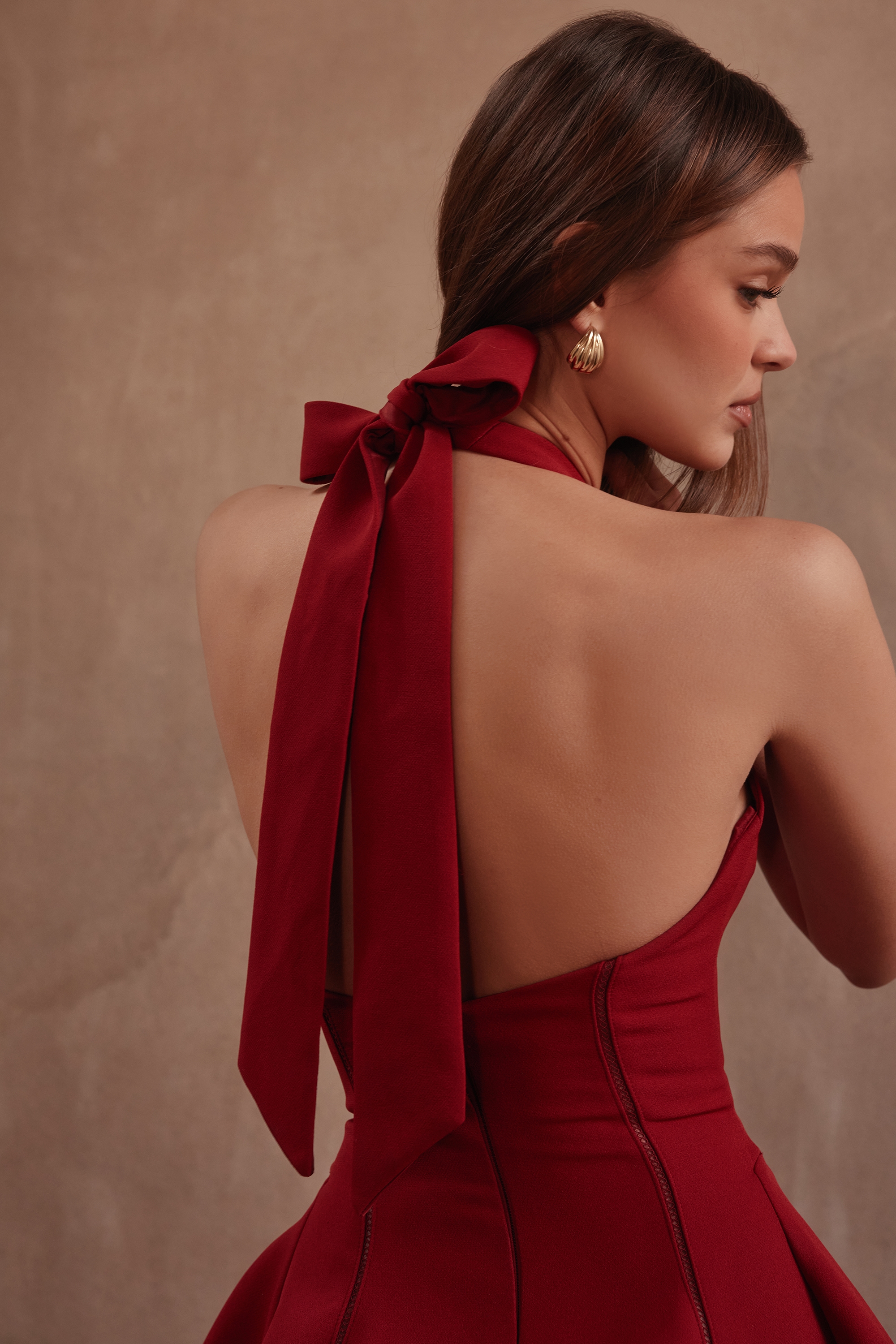 Loulette-Red Halter Neck Bow Mini Dress