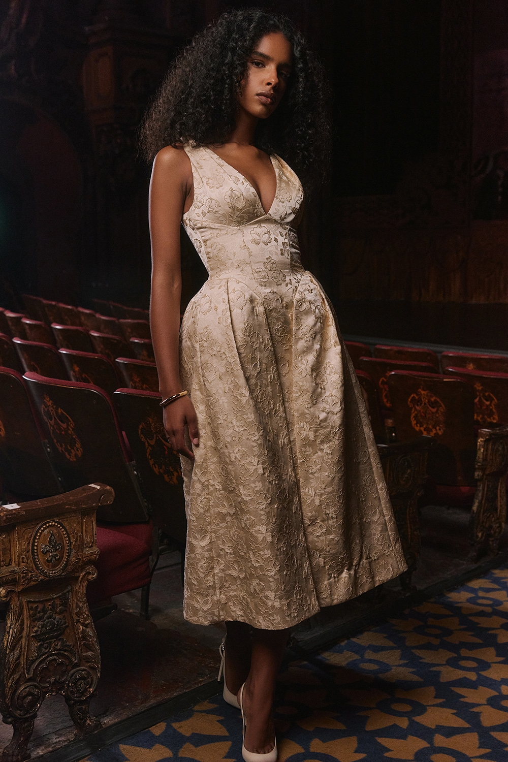 Paloma-Ivory Metallic Jacquard Midi Dress - SALE