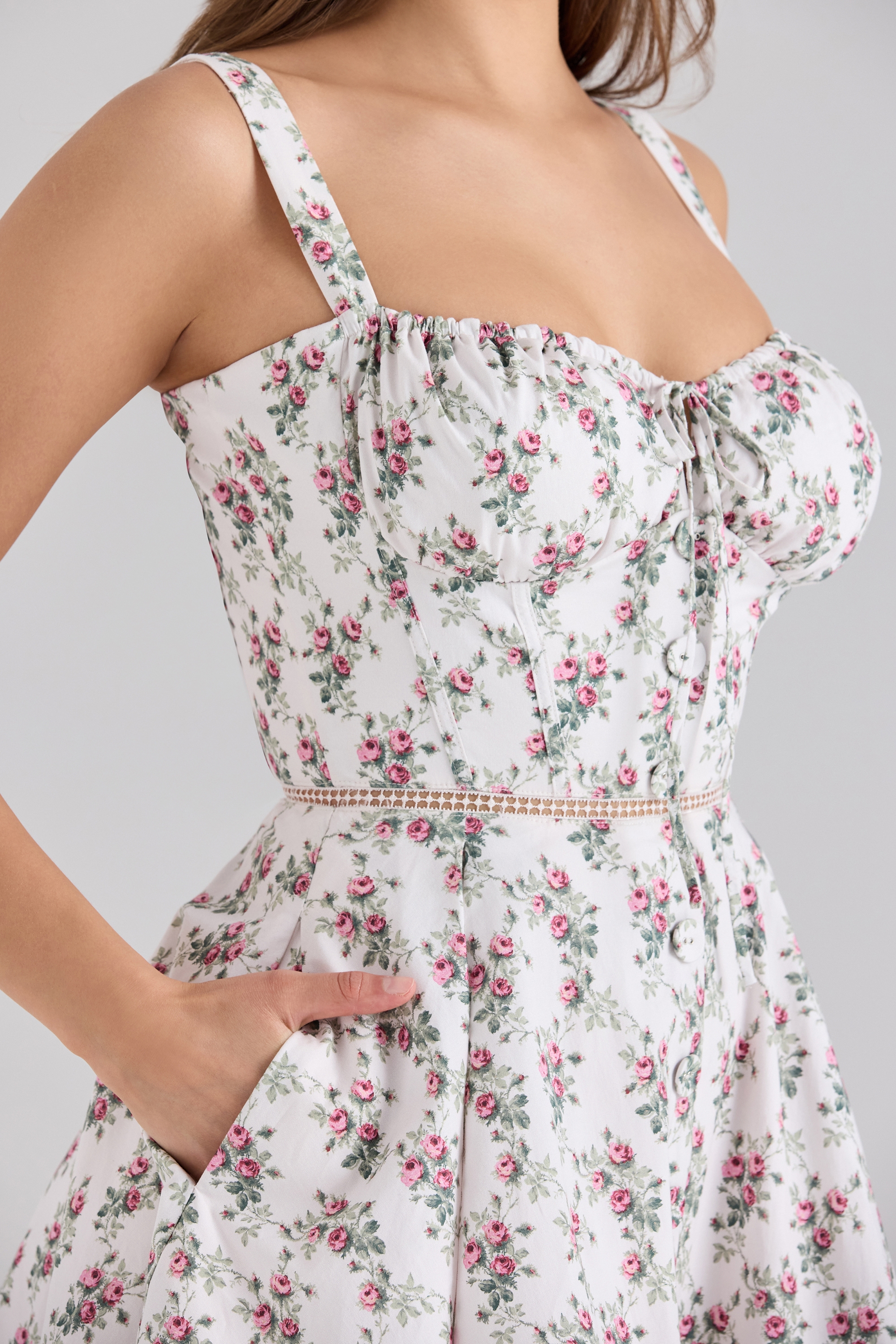 Calia-Cream Rose Print Stretch Cotton Mini Dress