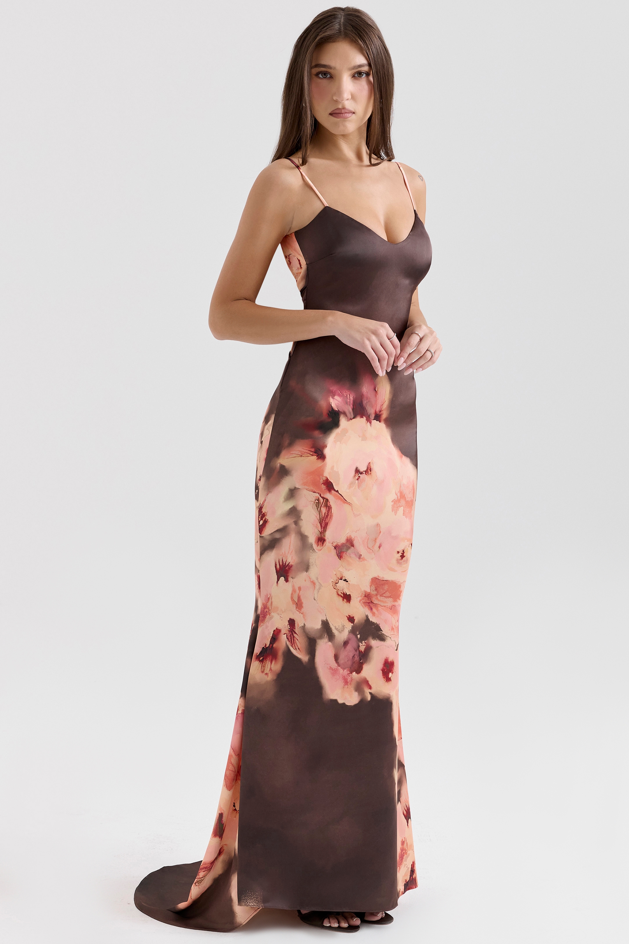 Mariamma-Dark Brown Floral Printed Satin Maxi Dress