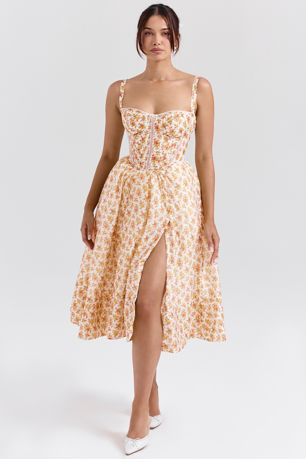 Kelly-Royal Rose Print Corset Midi Sundress