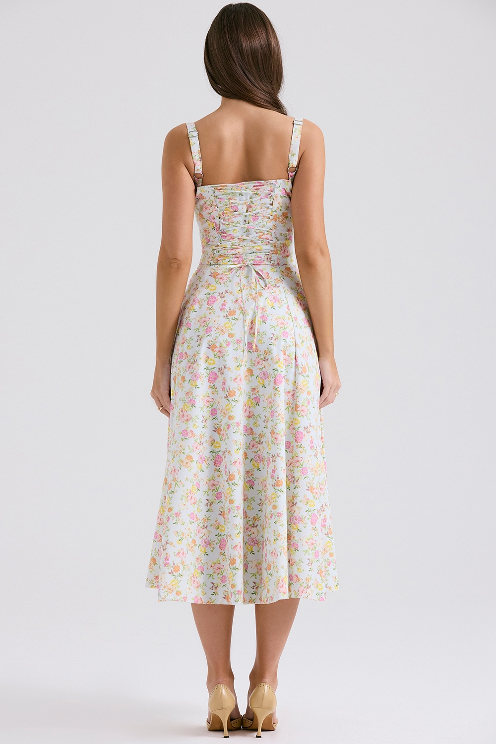 Carmen-Pale Blue Meadow Print Cotton Bustier Sundress