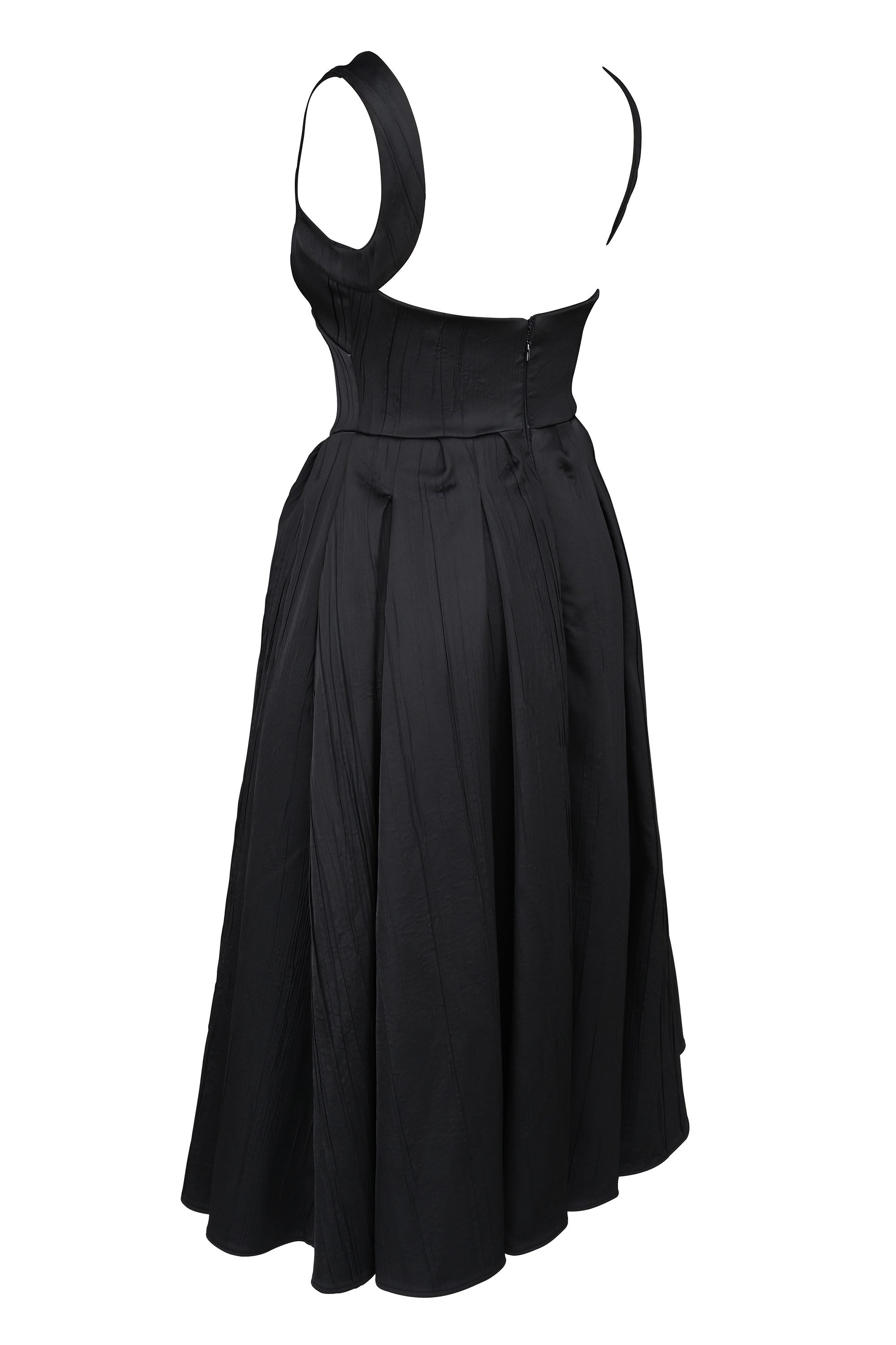 Isabeau-Black Textured Satin Corset Midi Dress