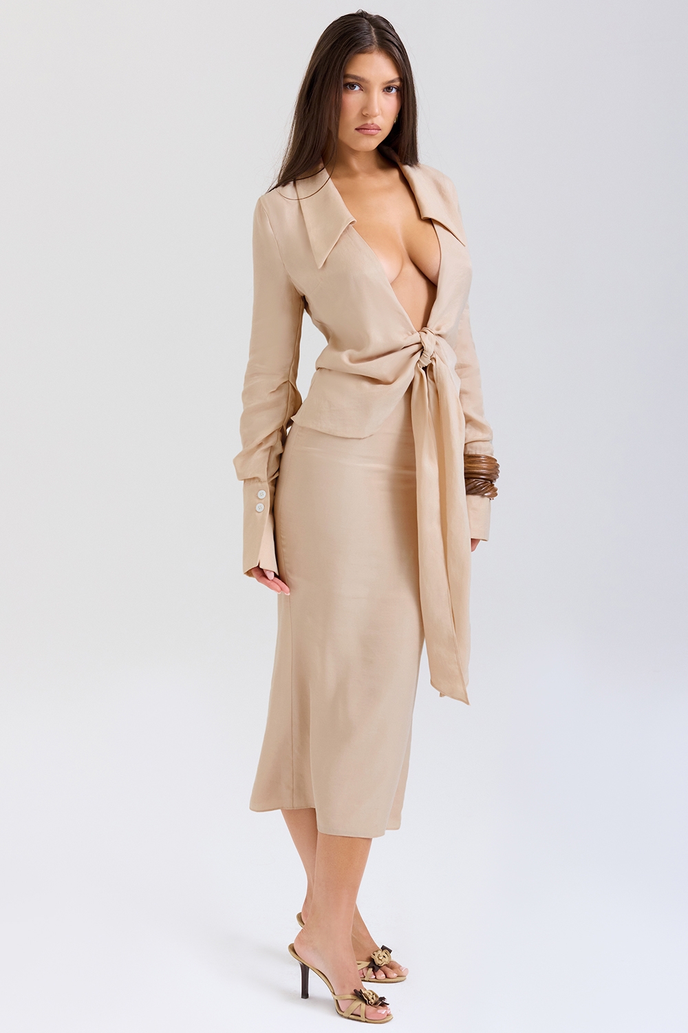Nevaeh-Almond Plunge Shirt Midi Dress