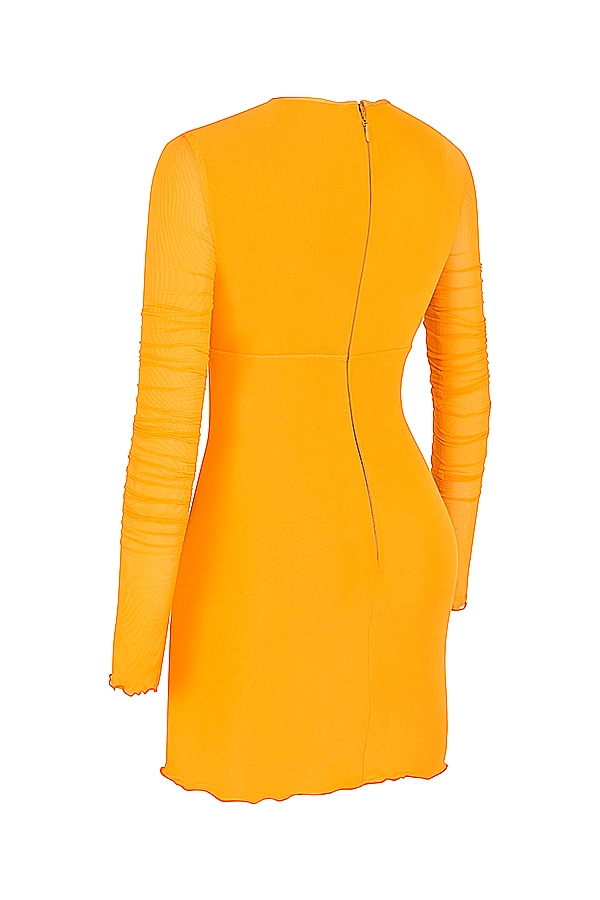 Jeanelle-Orange Ruched Mesh Long Sleeve Cutout Mini Dress