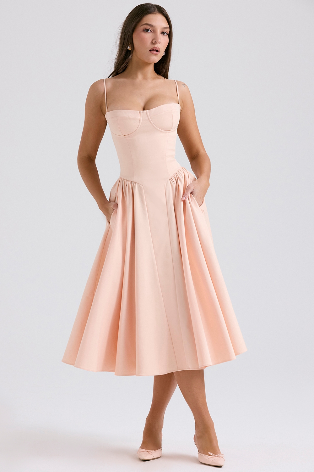 Samaria-Peach Parfait Twill Corset Midi Dress