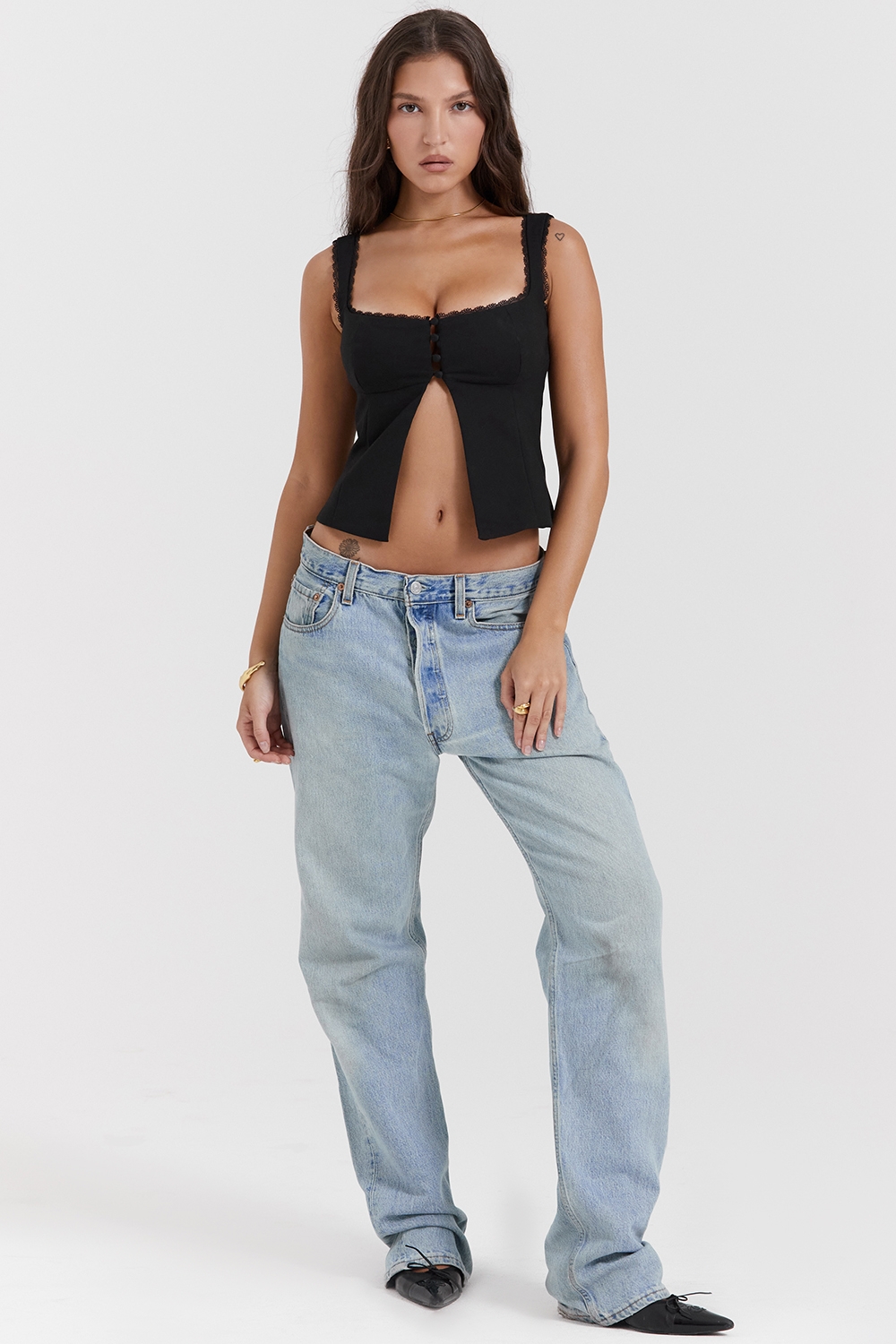 Noura-Black Lace Trim Top