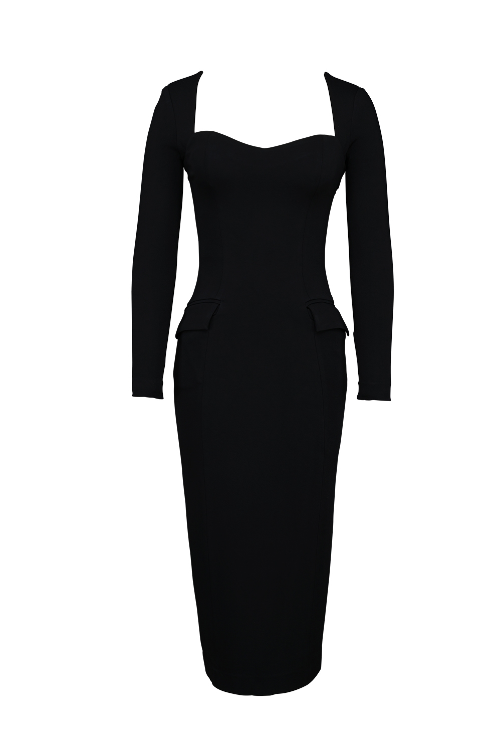 Ella-Black Stretch Crepe Long Sleeve Midi Dress