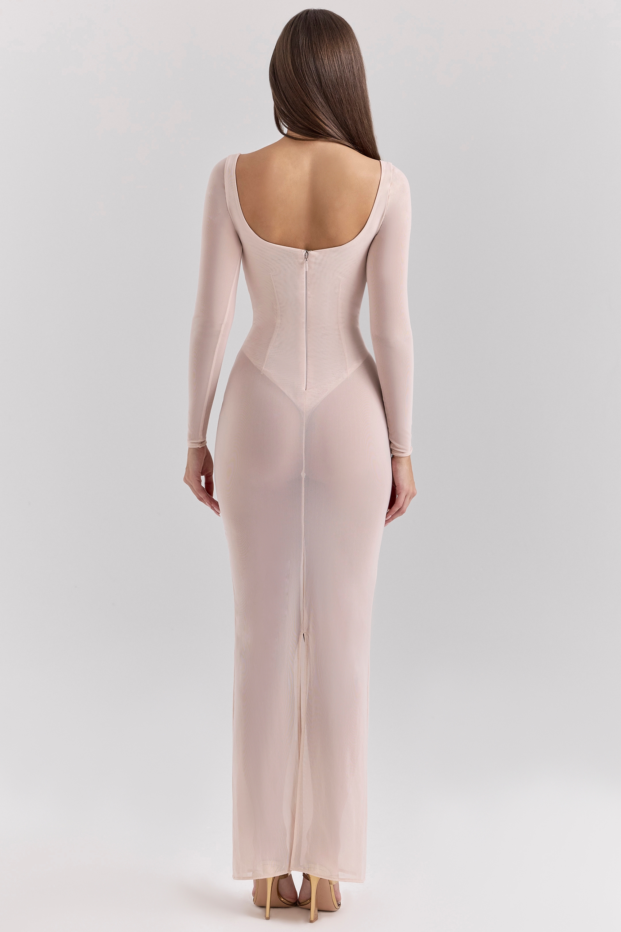 Everly-Blush Mesh Maxi Dress with Bodysuit