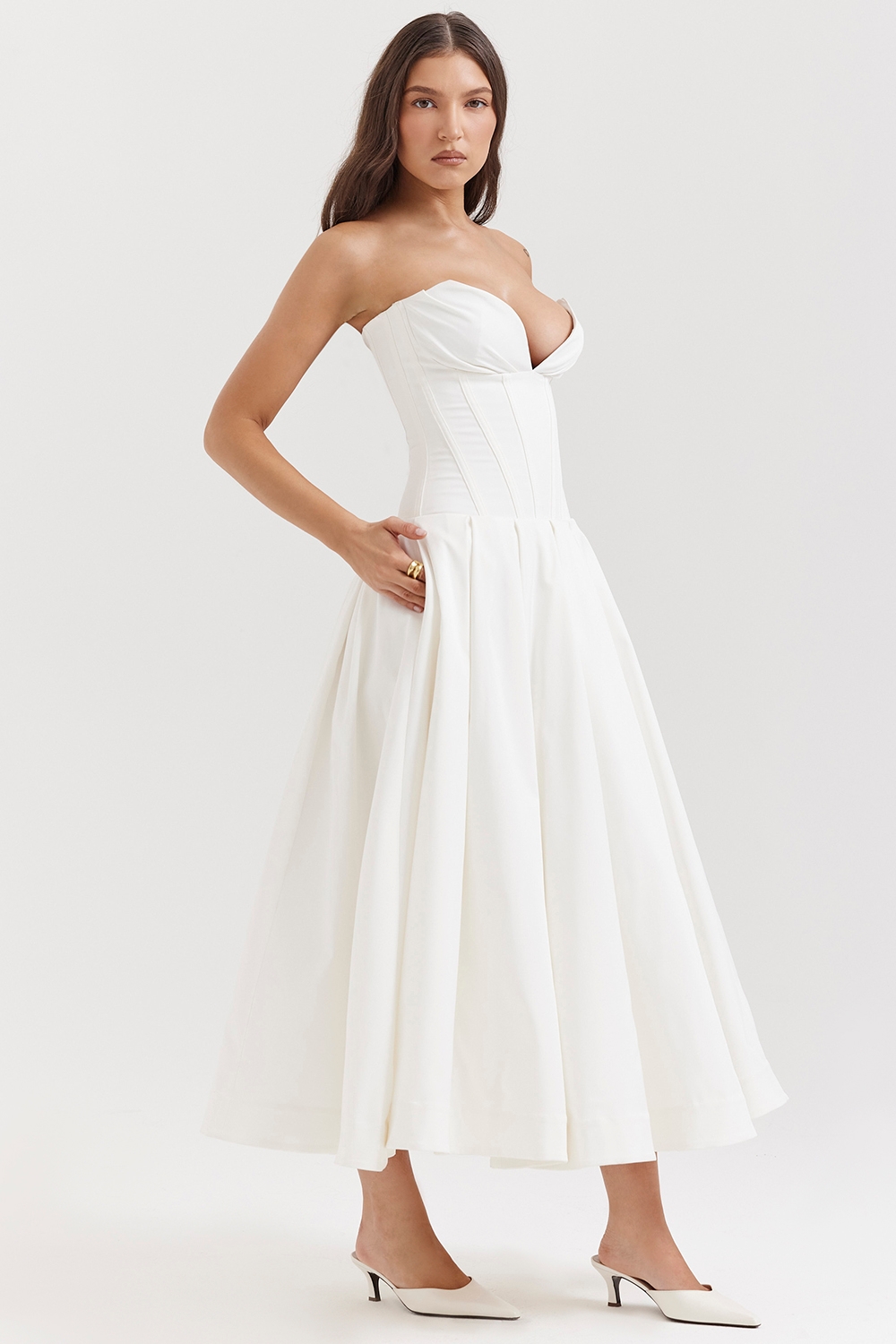 Lady-White Strapless Midi Dress
