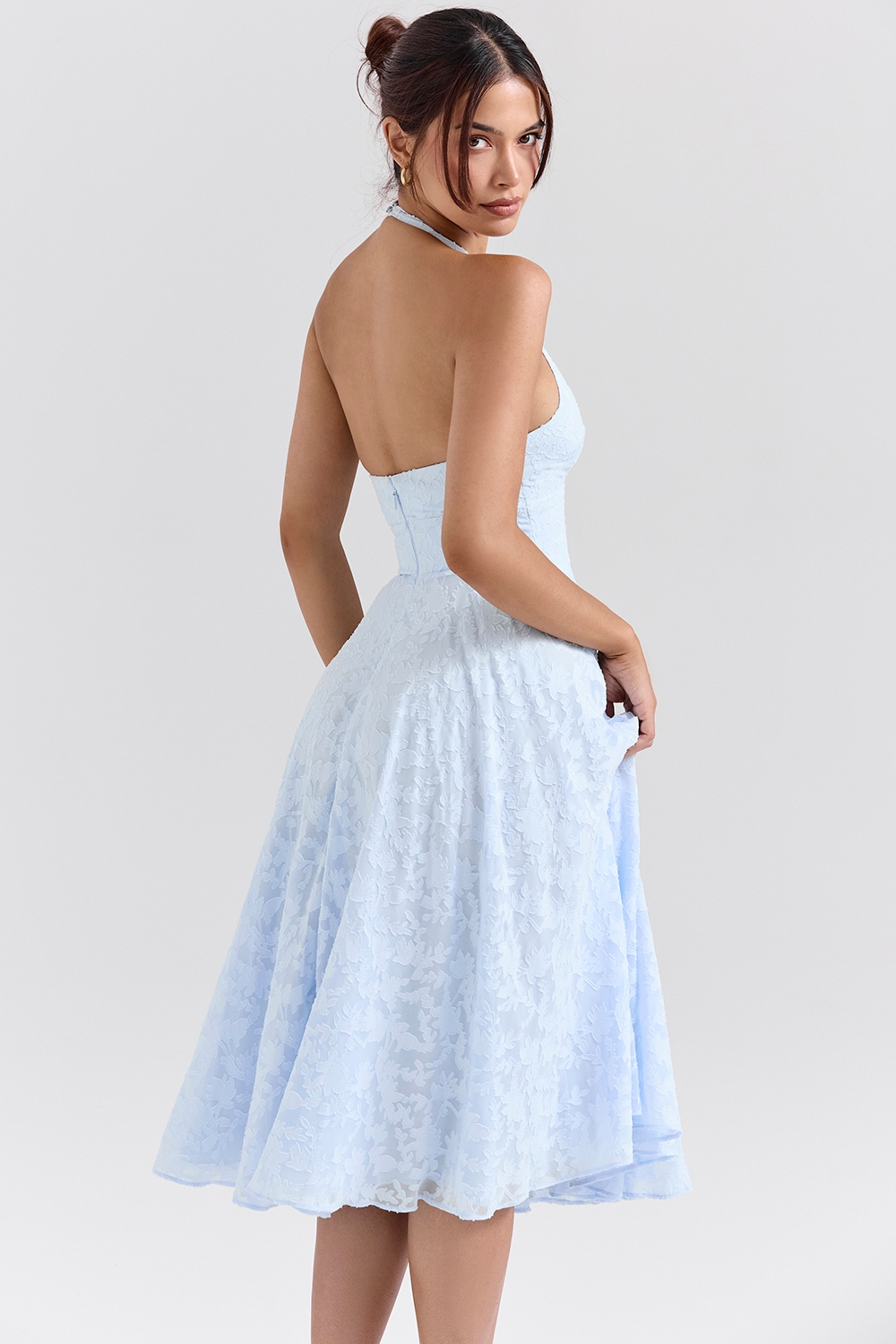 Arietta-Bluebell Floral Jacquard Halter Midi Dress