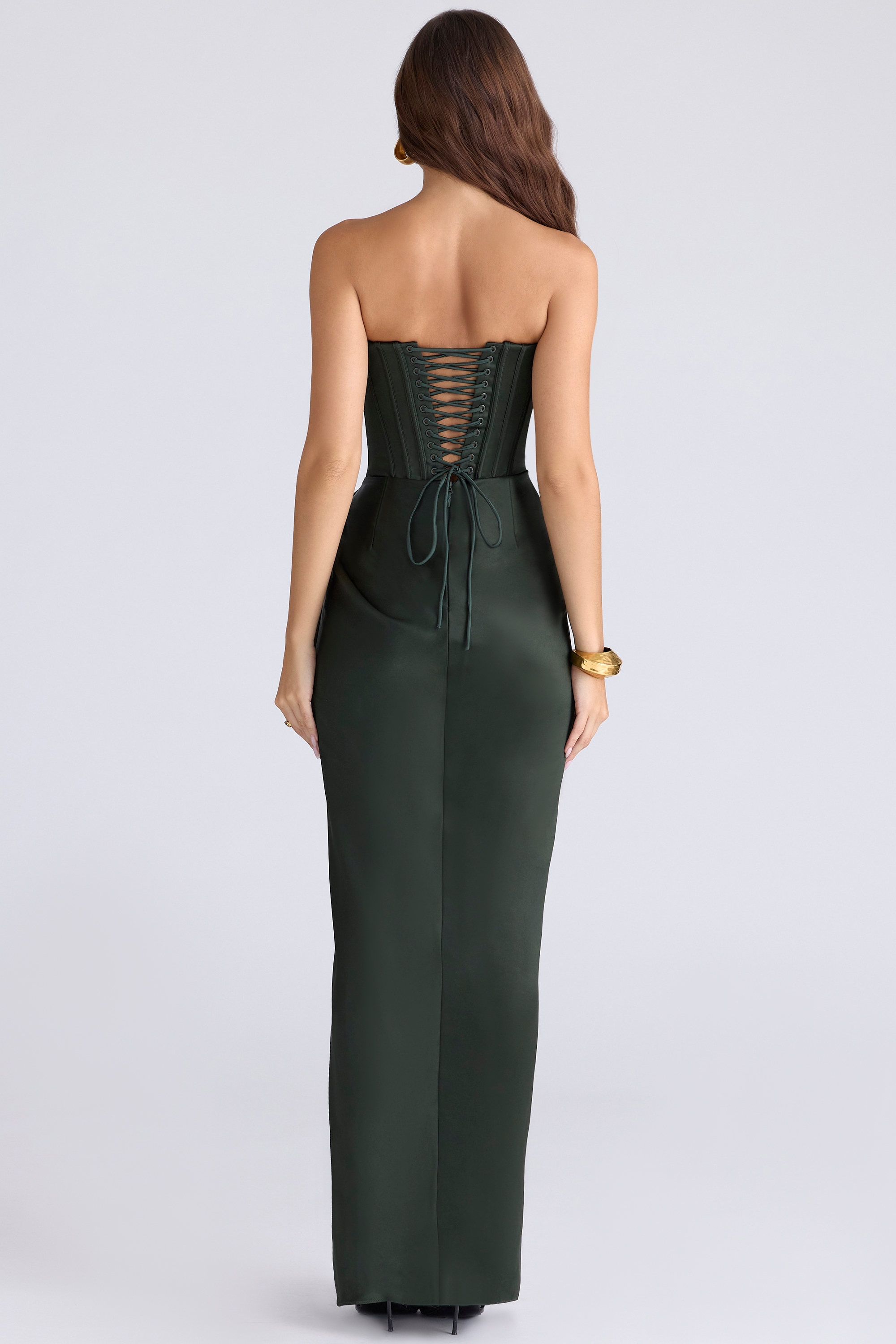 Carelle-Forest Green Satin Strapless Maxi Dress