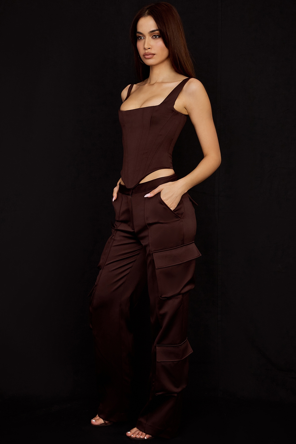 Daria-Chocolate Satin Cargo Trousers